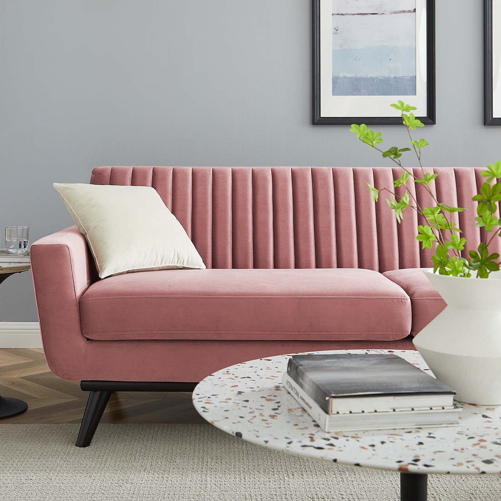 Modway Engage Channel Tufted Performance Velvet Sofa in Dusty Rose - Luxurious Mid-Century Modern Living Room Furniture for Small Spaces & Apartments