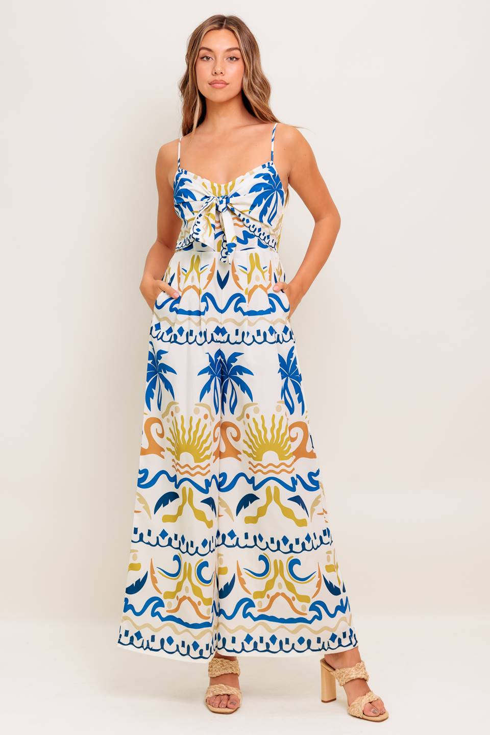 LIVANA CAMI JUMPSUIT for Women - Ivory & Blue Tropical Print Floral Romper - Perfect for Beach Vacation, Summer Outfits, and Casual Wear