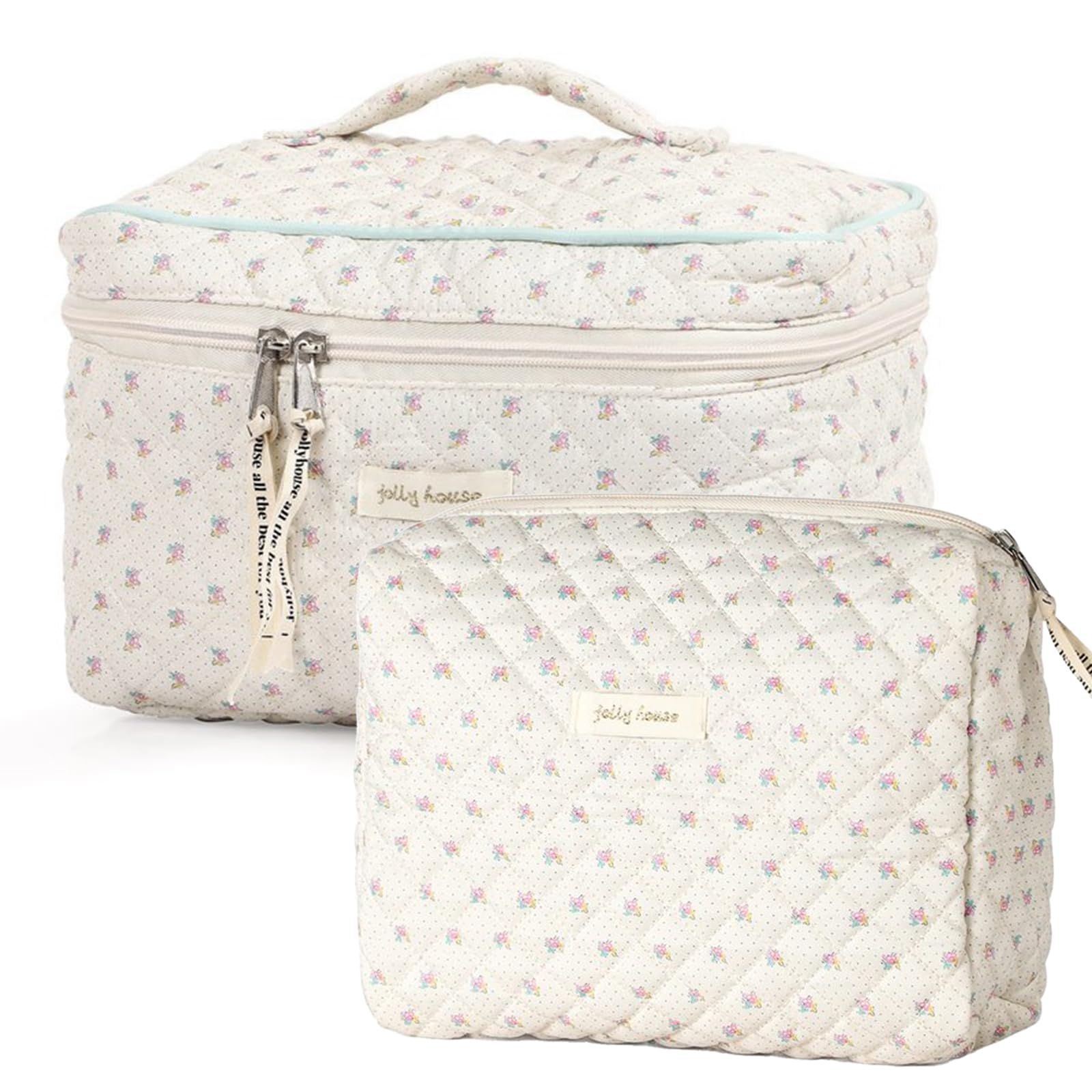 2 Pack Large Cotton Quilted Makeup Bags for Women - Coquette Aesthetic Cosmetic Organizer with Floral Design, Kawaii Toiletry Travel Bag for Girls | Perfect for Travel, Gym, and Daily Beauty Essentials Storage