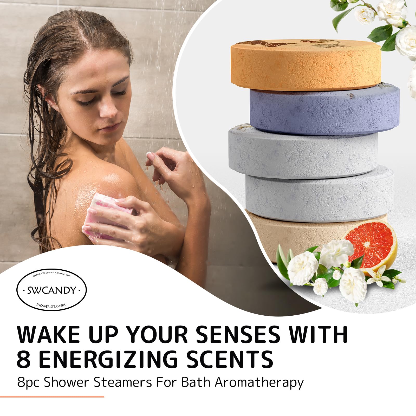 SWCANDY Aromatherapy Shower Steamers - 8 Pack Fruity Bath Bombs for Women, Relaxing Shower Bombs with Essential Oils | Perfect Birthday & Christmas Gifts, Stocking Stuffers for Her | Spa Day, Stress Relief & Home Relaxation
