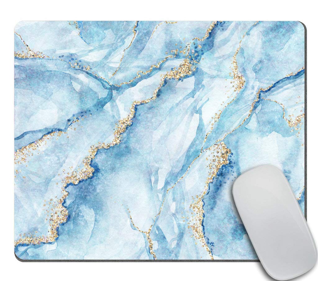 Premium White Blue Marble Gaming Mousepad with Gold Glitter Veins - Non-Slip Rubber Base, Fake Stone Texture Mouse Mat for PC & Laptop - Perfect for Gaming, Office Work & Home Decor