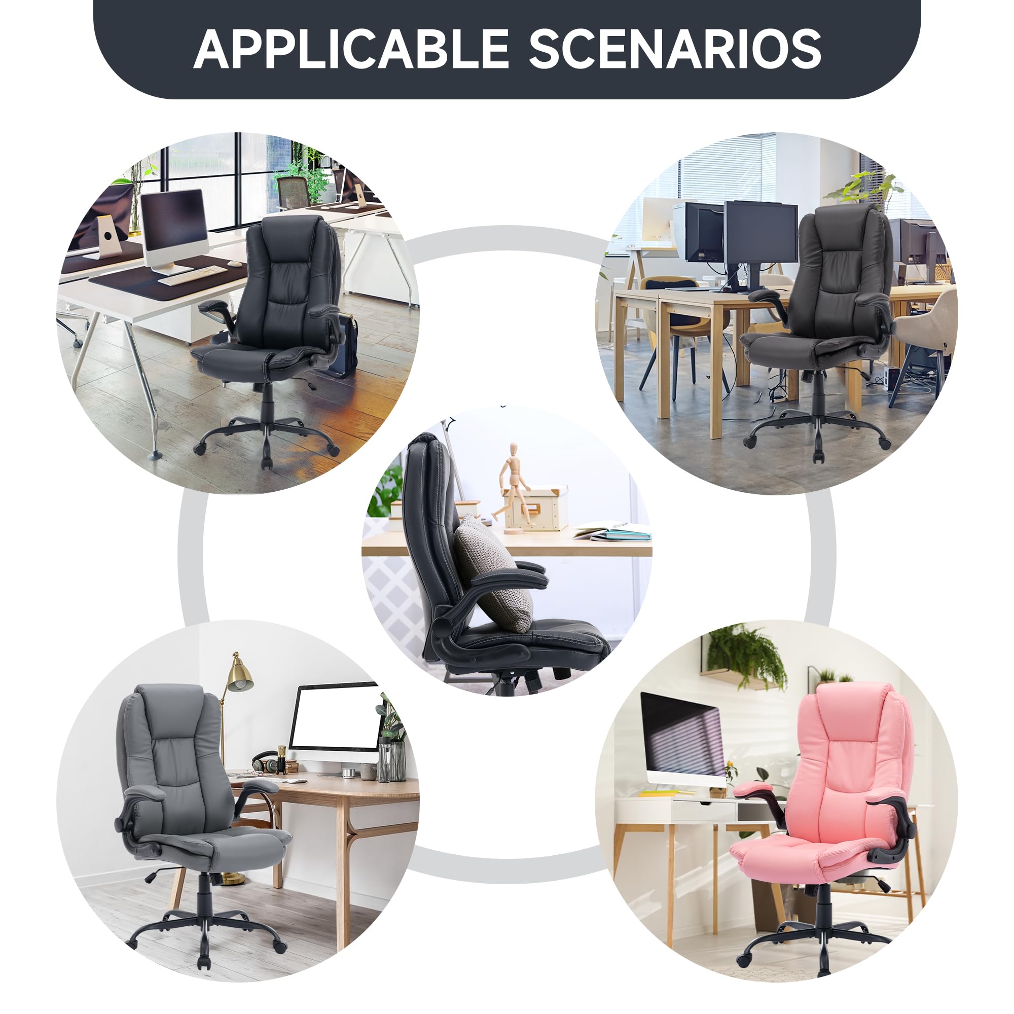 Premium High Back Leather Executive Office Chair - Ergonomic Home & Office Desk Chair with Flip-Up Arms, Lumbar Support & Wheels - Ideal for Long Work Hours, Gaming, and Professional Workspaces