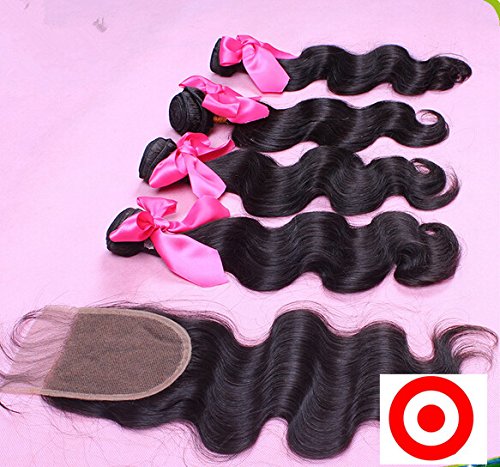 Junhair 4Pcs Virgin Mongolian Remy Human Hair Bundles with 4x4 Closure - Body Wave 3 Bundles Mixed Length Natural Color Hair Extensions for Women - Perfect for Daily Styling, Parties & Special Occasions