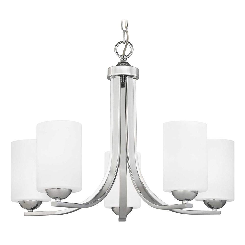Modern Chrome Chandelier with 5 White Cylinder Glass Shades - Elegant Ceiling Light Fixture for Dining Room, Bedroom, or Living Room Decor