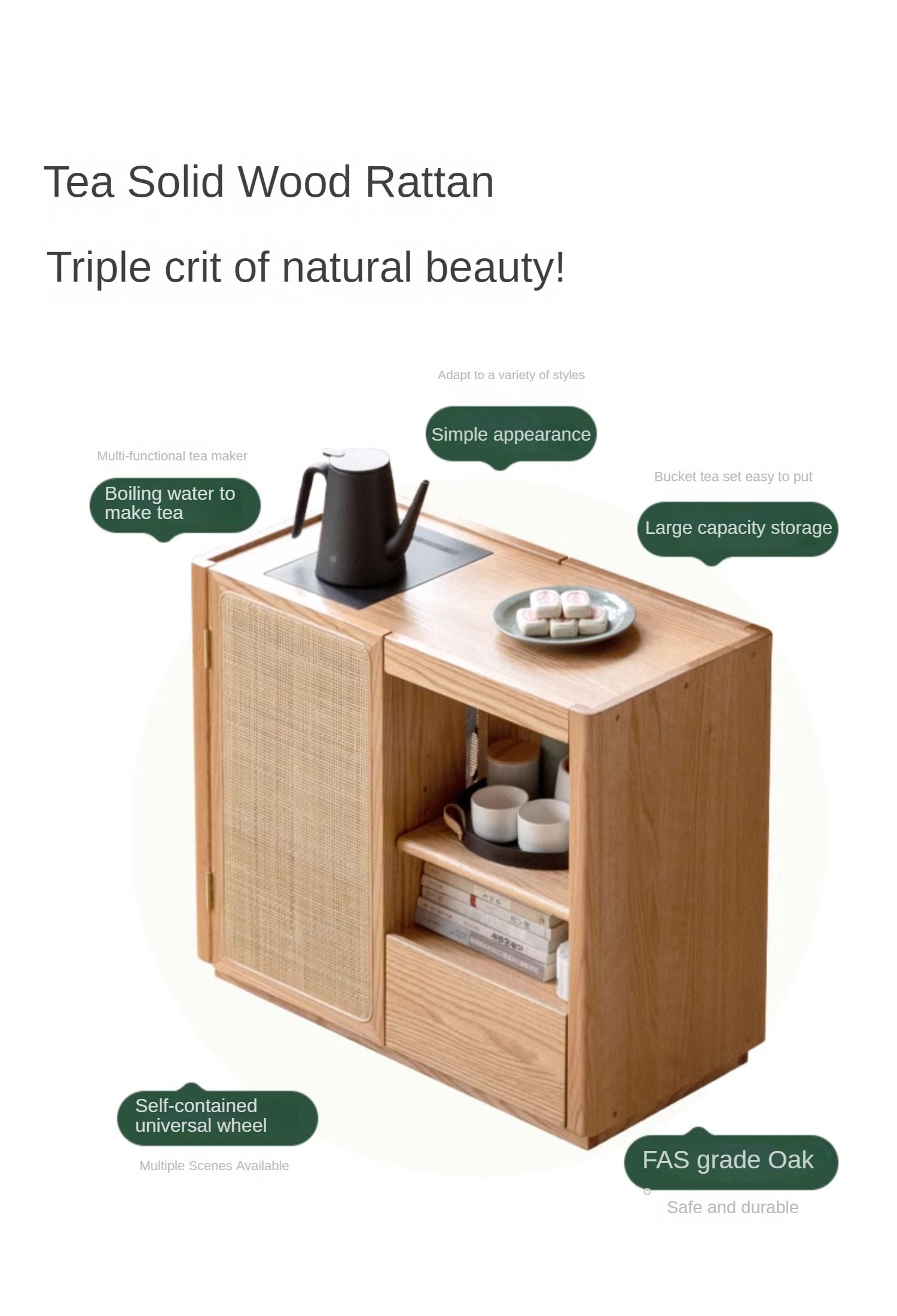 Solid Oak and Ash Wood Tea Maker Mobile Side Cabinet - Portable Side Table for Living Room, Bedroom, or Office