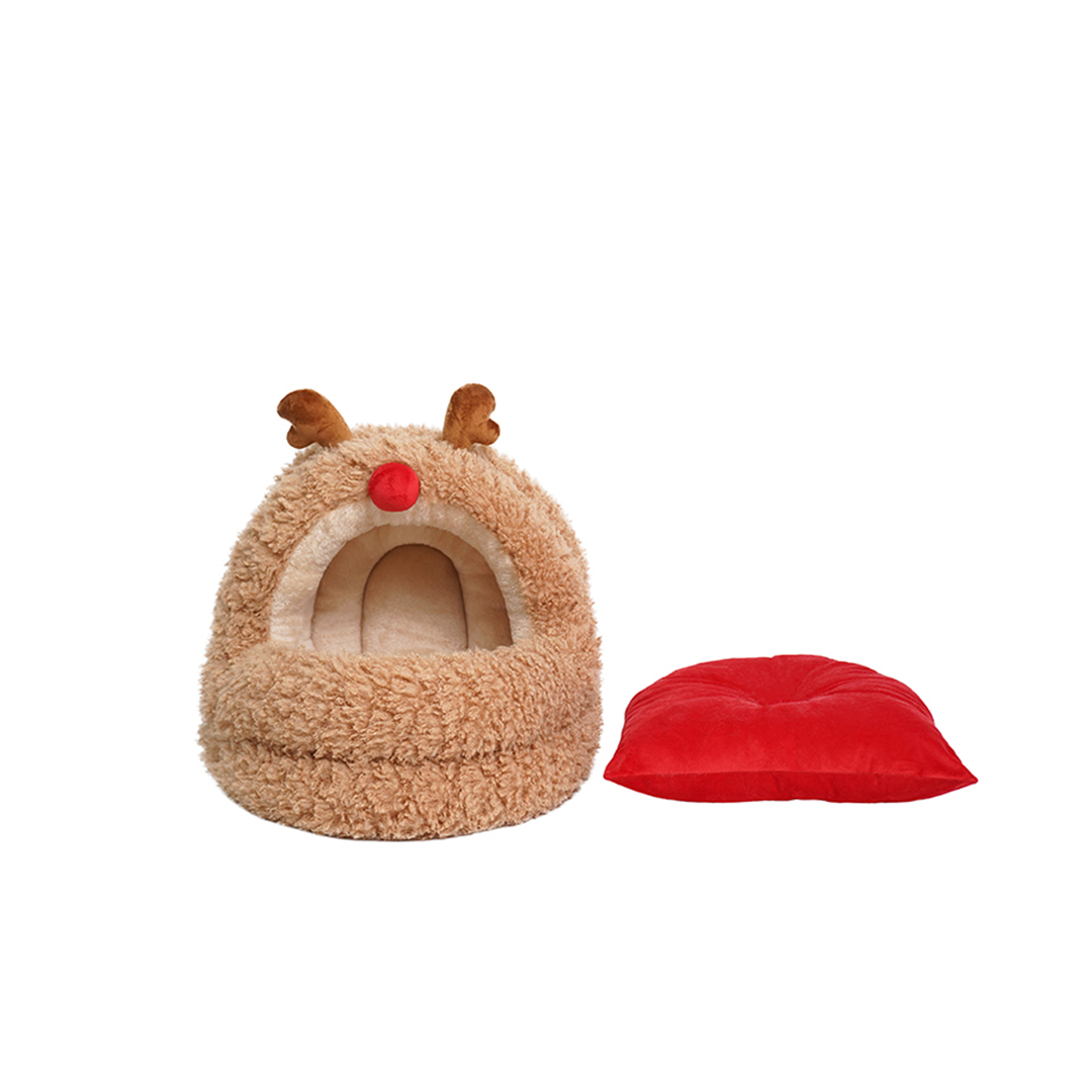 ZEZE Pets Reindeer Plush Dog Bed & Cat Bed - Soft Washable Pet Bed for Small Medium Dogs & Cats - Cozy Winter Pet House for Puppy Kitten - Perfect for Christmas Decor & Cuddling by the Fireplace