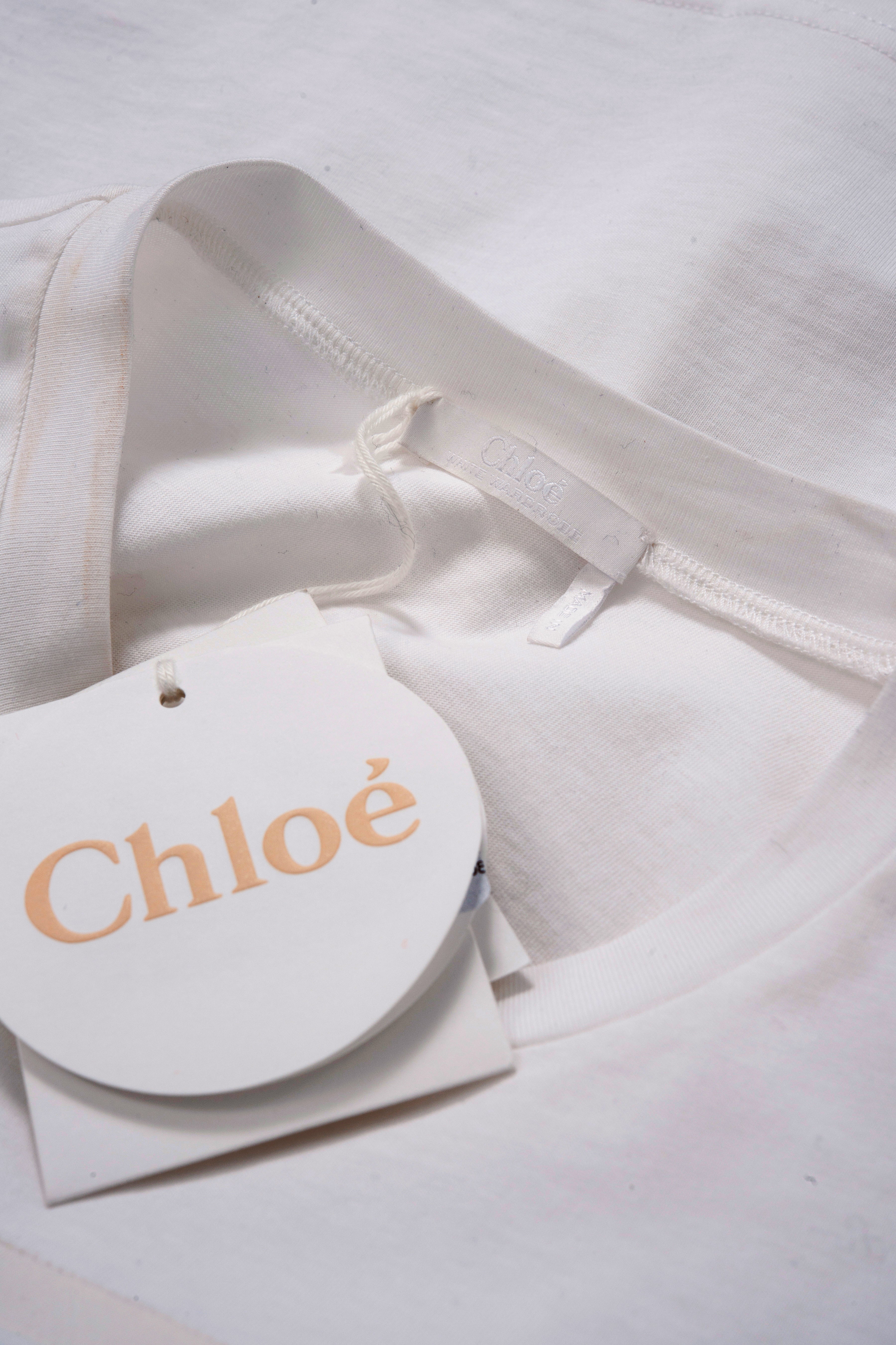 Chloe Spring 2017 Women's White T-Shirt with Ivory Silk Chiffon Ruffle Sleeves - Elegant Blouse for Casual Wear, Office Outfits & Spring Fashion