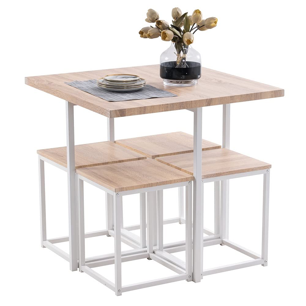 KAAYEE 5-Piece Wood Dining Table Set for 4 - Light Oak PVC Table with 4 White Stools | Kitchen & Breakfast Nook Furniture | Perfect for Small Spaces & Apartments