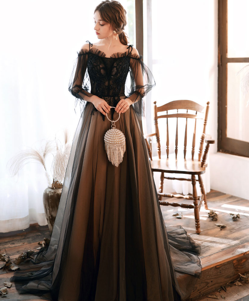Elegant Black Tulle Lace Long Prom Dress with Sheer Sleeves - Formal Evening Gown for Homecoming, Wedding Guest, and Special Occasions