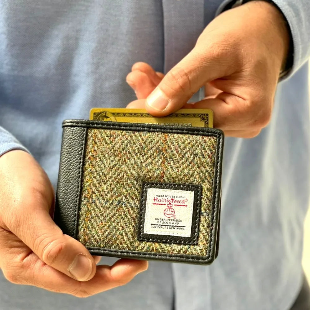Harris Tweed Genuine Leather Wallet for Men - Country Green Vintage Style | RFID Blocking Bifold Wallet | Perfect for Travel, Business & Everyday Use