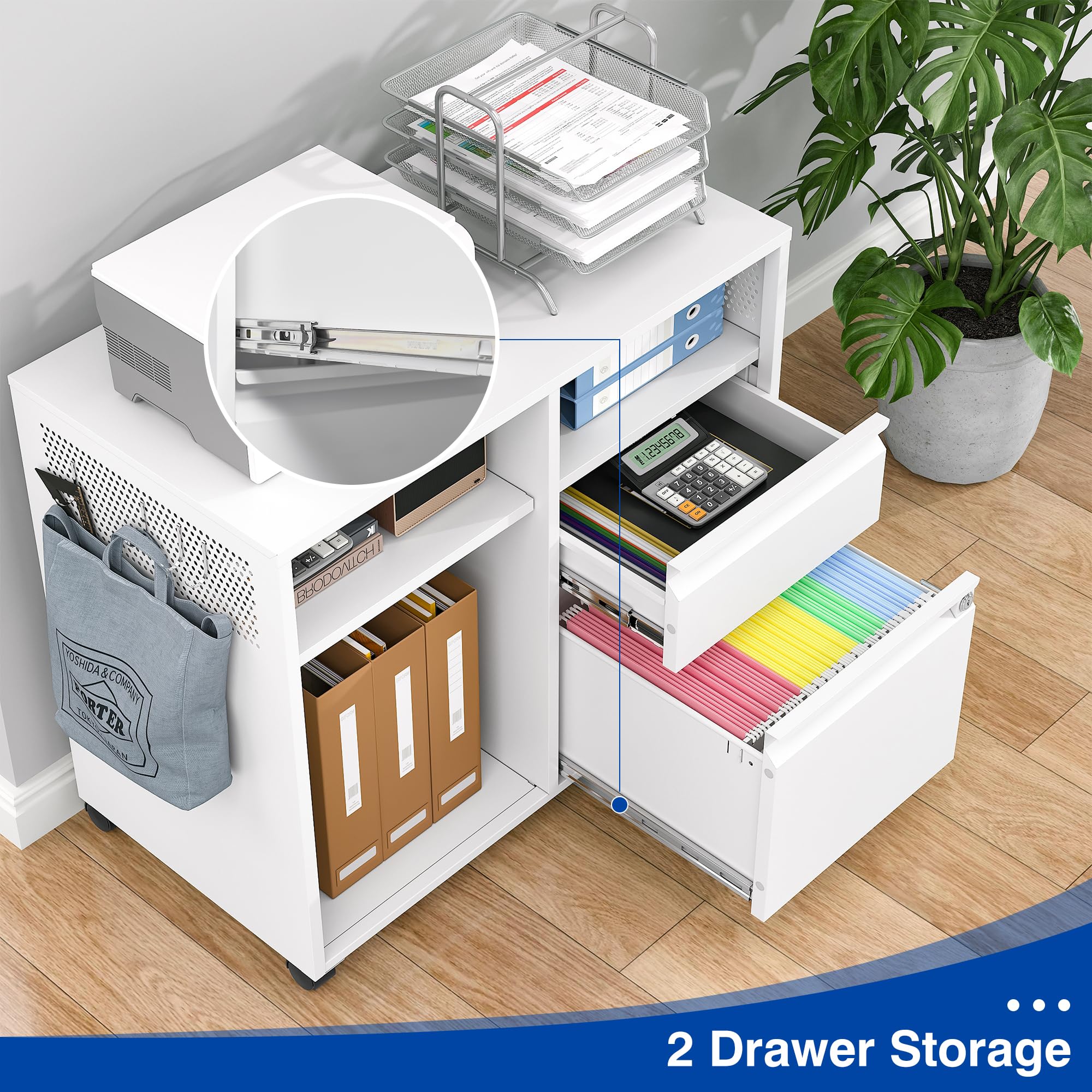 2-Drawer Mobile File Cabinet with Lock - Lateral Office Filing Cabinet & Printer Stand with Open Storage Shelves - Home & Office Organization (White, Right Drawer) - Perfect for Document Storage, Printer Organization & Workspace Efficiency