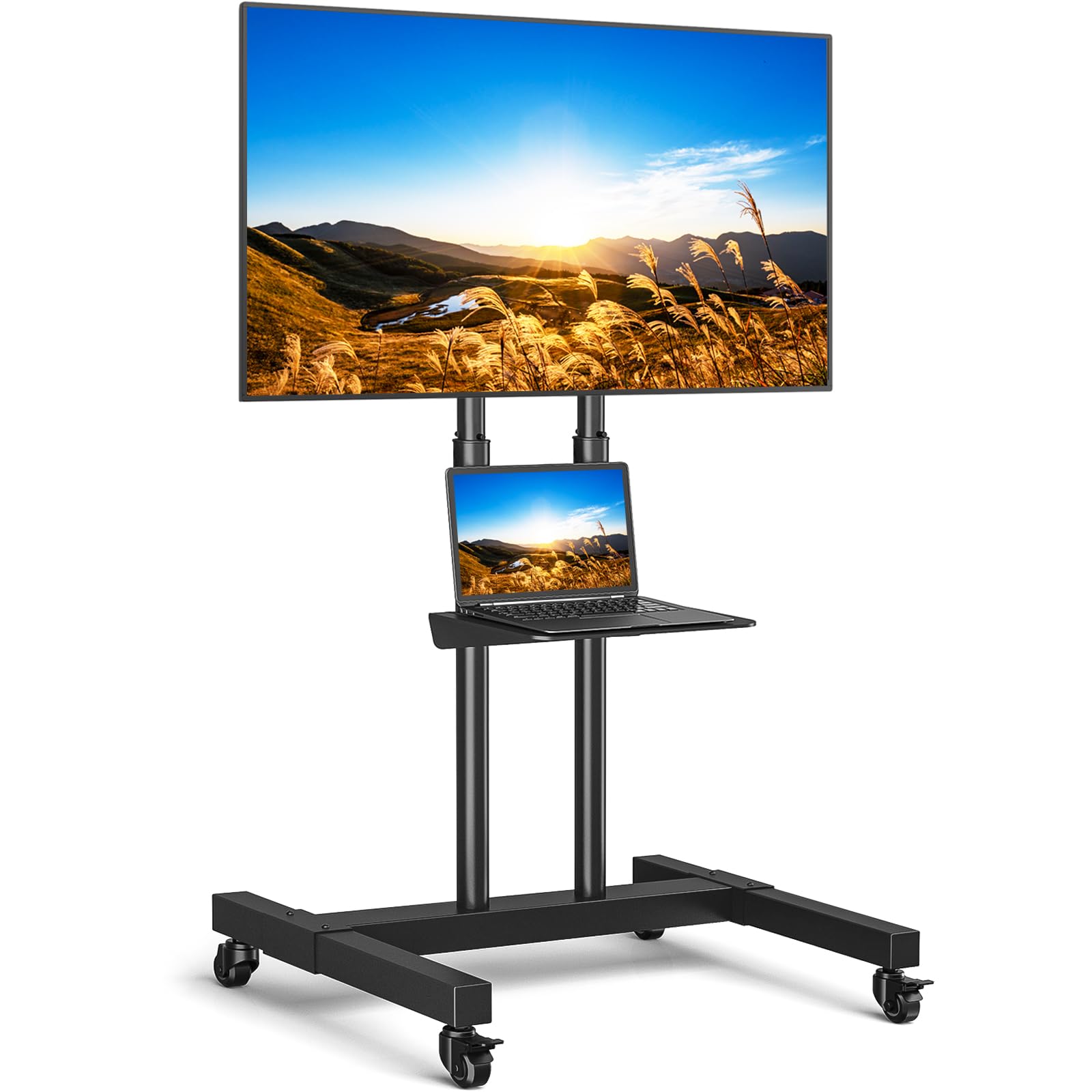 Rfiver Mobile TV Cart - Adjustable Rolling TV Stand for 32-83 Inch Screens (Up to 110lbs), Portable TV Stand with Wheels & Height Adjustable Shelf, Universal VESA 600x400mm - Perfect for Home, Office & Outdoor Use (Black)