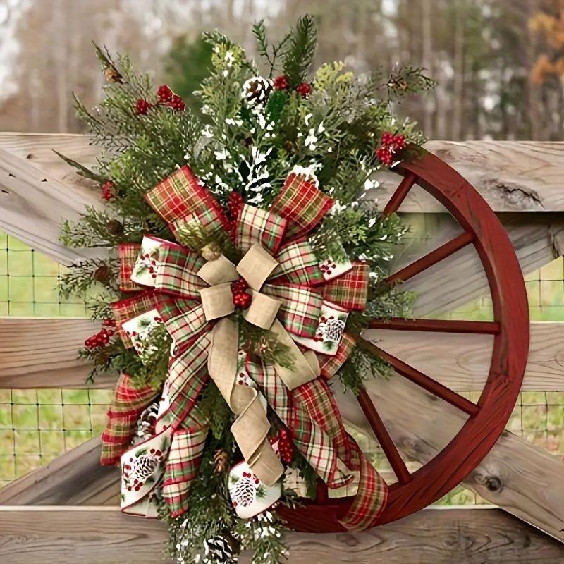 1pc Christmas Red Wagon Wheel Wreath - Vintage Reusable Xmas Garland for Front Door, Artificial Flower Decor for Indoor & Outdoor Christmas Tree - Perfect for Holiday Home, Porch, and Fireplace Decorations