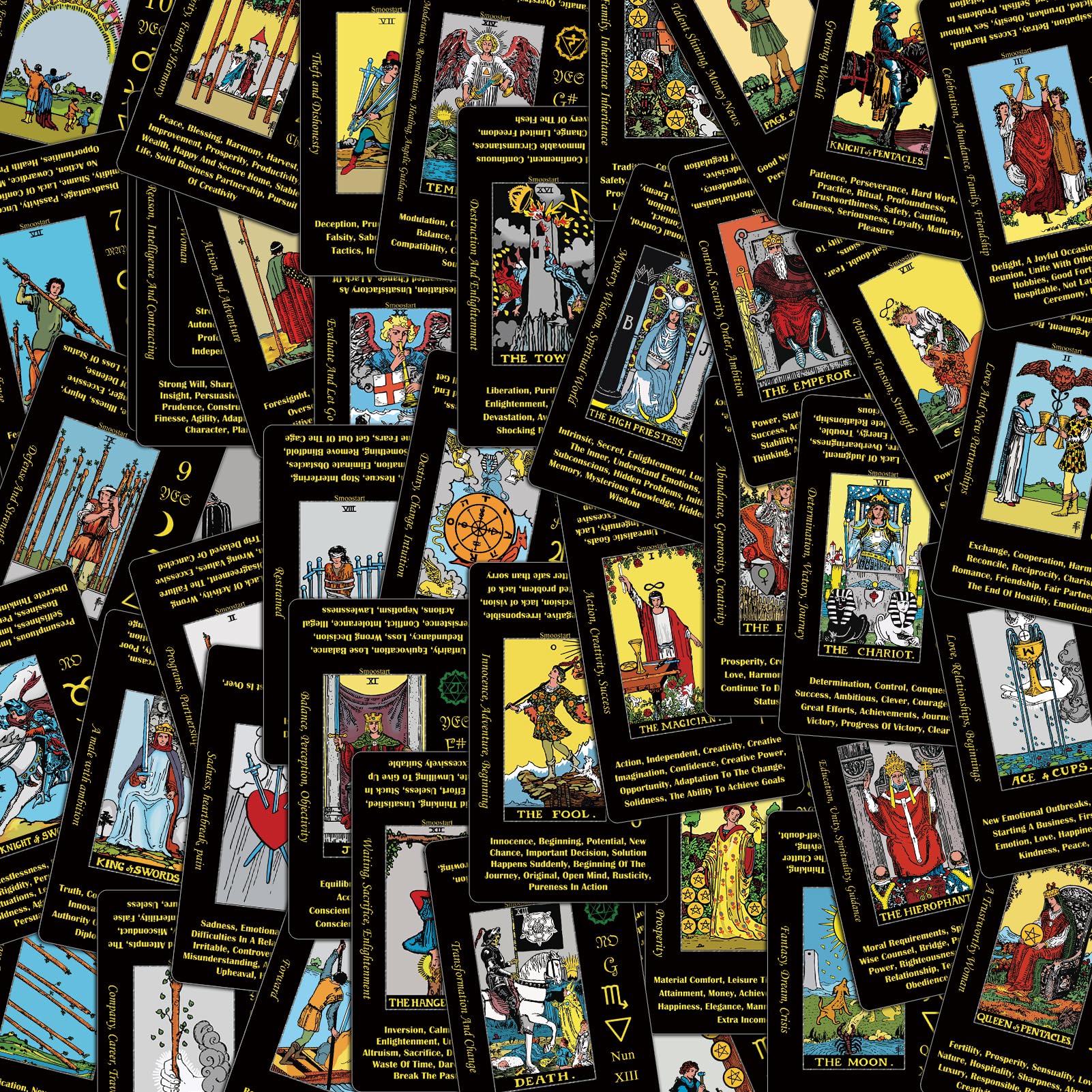 Smoostart Black Holographic Tarot Cards Deck for Beginners - 78 Cards with Meanings & Keywords, Includes Guide Book - Perfect for Divination, Meditation & Spiritual Growth