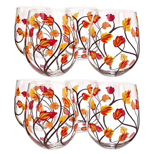 Hand Painted 8-Piece Autumn Leaves Stemless Wine Glasses Set - Fall Colors for Thanksgiving, Halloween & Seasonal Home Decor