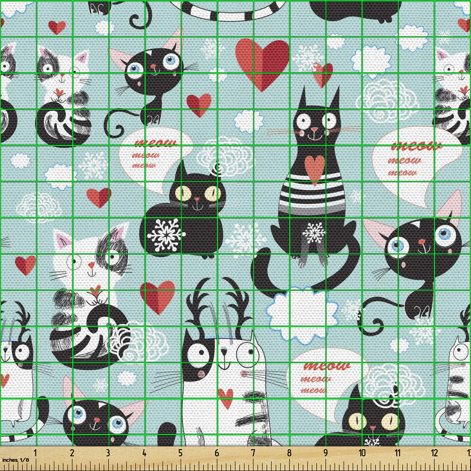 Ambesonne Cat Lover Fabric by The Yard - Black & White Cat Print with Hearts & Meow Design - 10 Yards Pale Blue Upholstery Fabric for DIY Projects, Home Decor, Curtains & Pillow Covers - Perfect for Cat Themed Bedroom & Living Room Decor