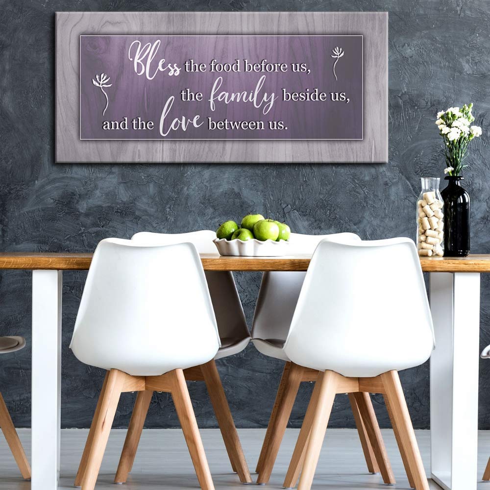 Bless the Food Before Us Framed Wall Art - Purple Kitchen & Dining Room Decor Sign (42x19 Inches) for Farmhouse, Rustic & Christian Home Decor