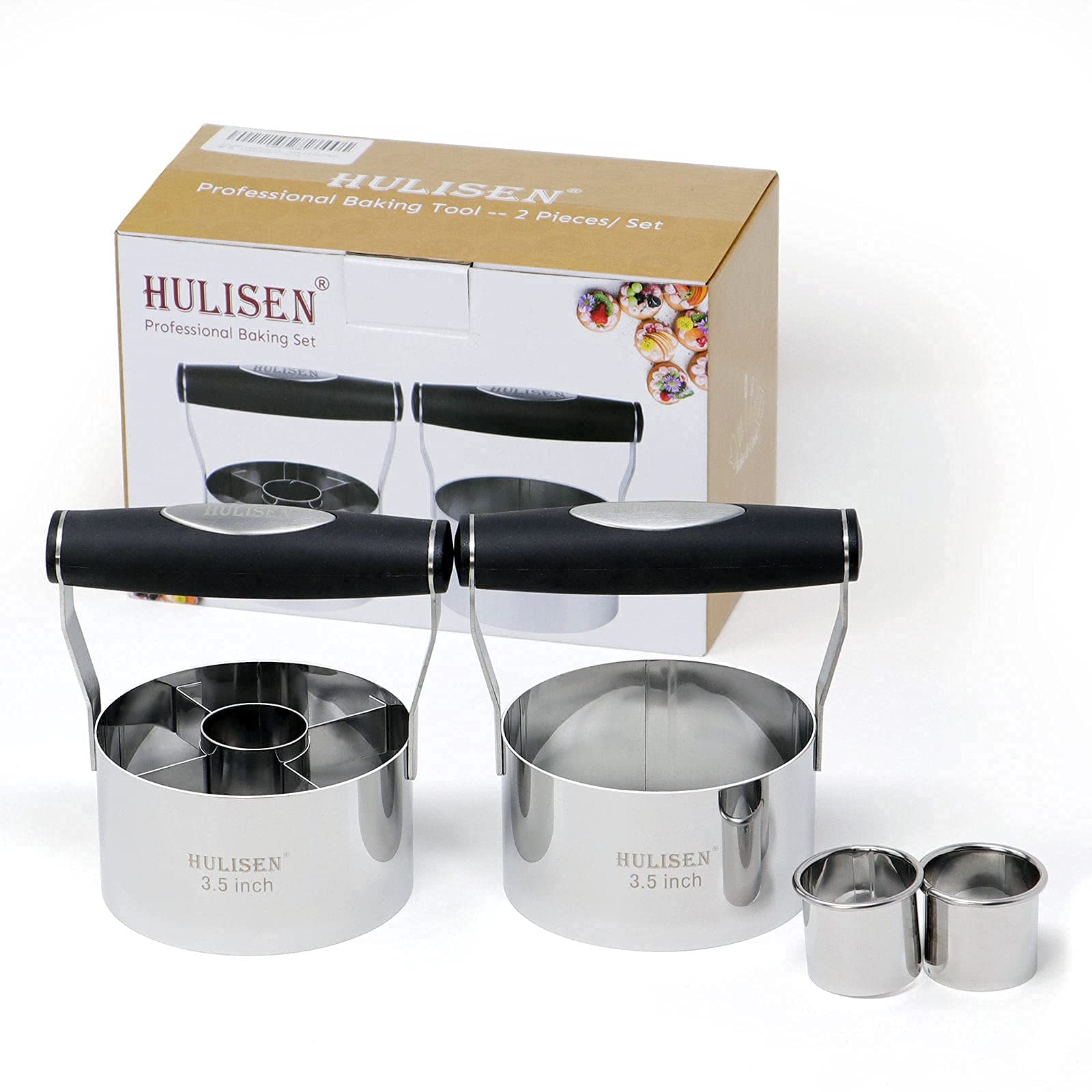 HULISEN 3.5 Inch Donut Cutter & Biscuit Cutter Set (2-Piece) with Soft Grip Handle - Stainless Steel Professional Baking Tools for Cookies, Pastries, Doughnuts - Includes Bonus 2 Mini Cookie Cutters - Perfect for Home Bakers, Bakeries & Gift Giving