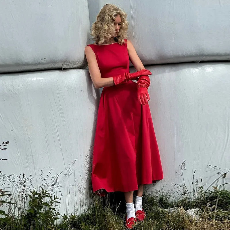 Elegant Backless A-Line Maxi Dress for Women - Solid Color O-Neck Sleeveless Long Gown with High Waist - Perfect for Beach Vacations, Summer Parties & Date Nights