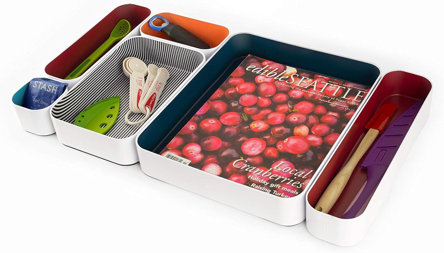 6-Piece Metal Organizer Tray Set for Makeup, Stationery & Utensils - 2 Inch Desk Drawer Organizer in Berry, Sunset, Blue & Stripes - Perfect for Office, Kitchen & Bathroom Storage