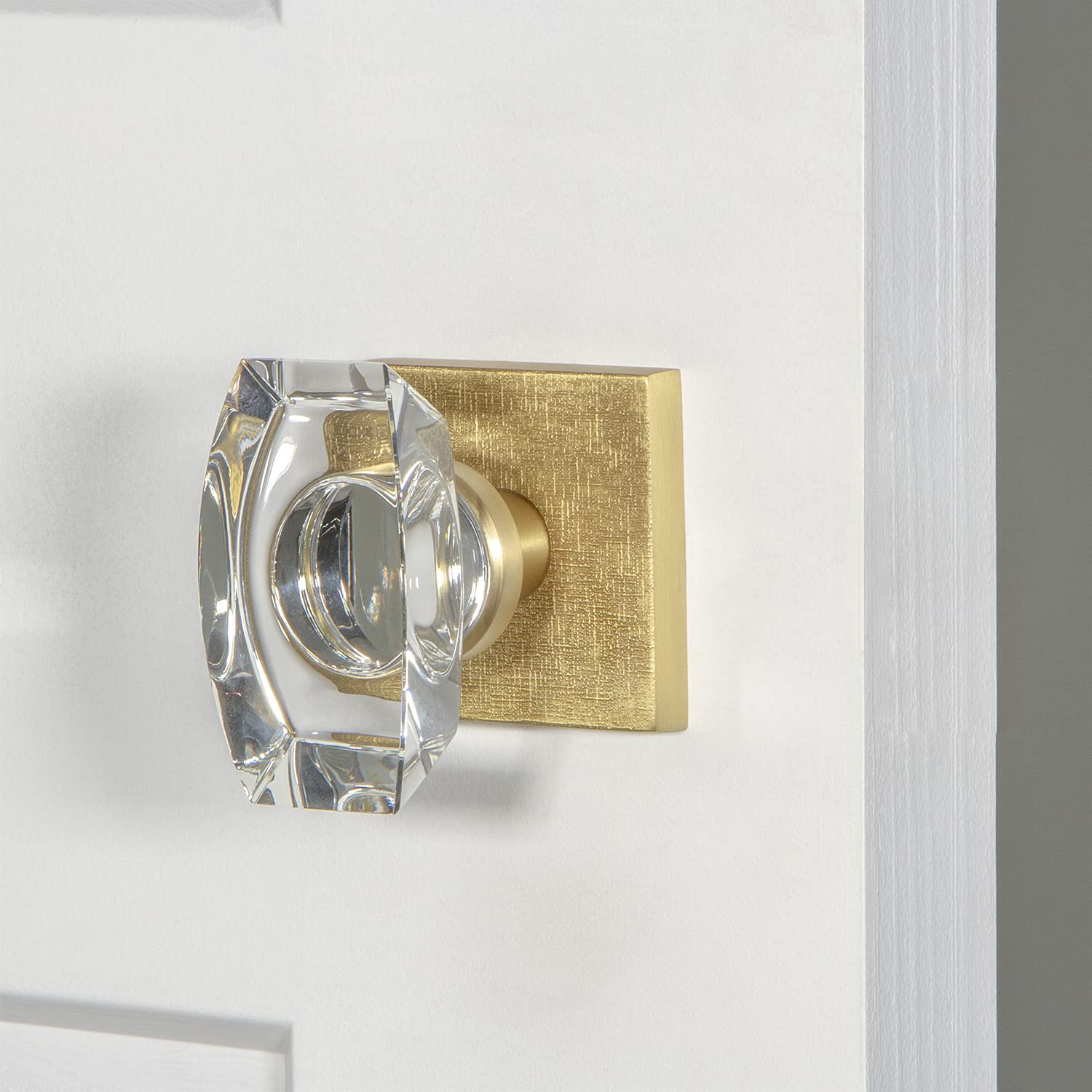 Viaggio Square Linen Rosette Double Dummy Door Knob with Stella Crystal in Satin Brass - Perfect for Bedroom, Bathroom & Interior Doors