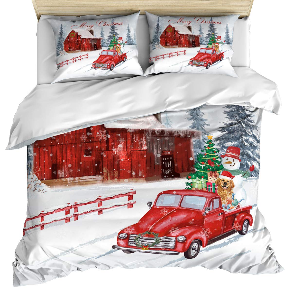 Luxury King Size Christmas Truck Barn Snowman Duvet Cover Set - 3 Piece Farmhouse Xmas Tree Dog Cotton Bedding with Pillow Shams | Soft, Cozy & Washable Duvet Cover for Bedroom | Perfect for Holiday Decor, Winter Bedroom & Cozy Farmhouse Style