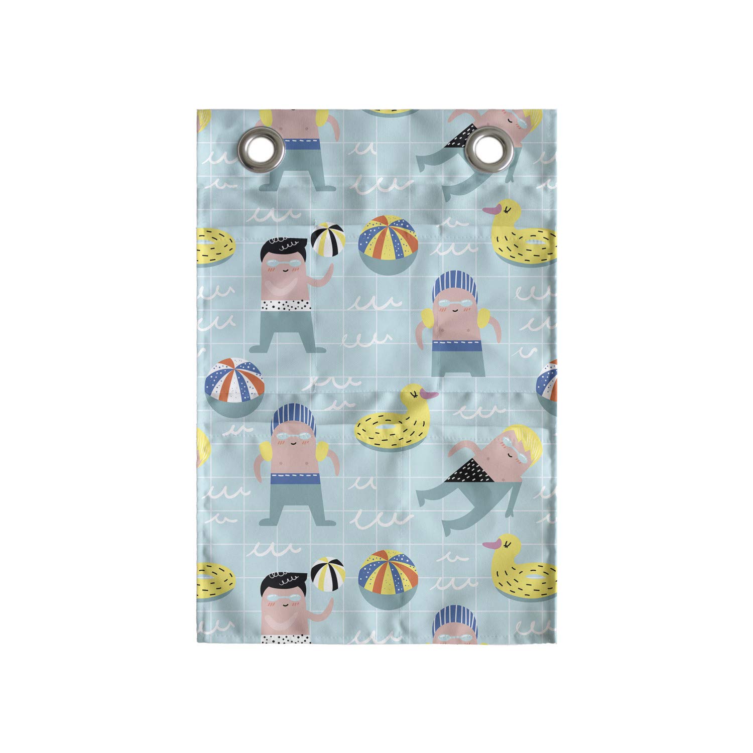 Ambesonne Summer Hanging Pocket Organizer - Hand-Painted Boys Swimming Pool Scene with Ball & Duck Float Design - 14x20 Inch Polyester Storage Bag with Multiple Pockets - Pale Teal Multicolor for Kids' Room, Bathroom & Poolside Organization
