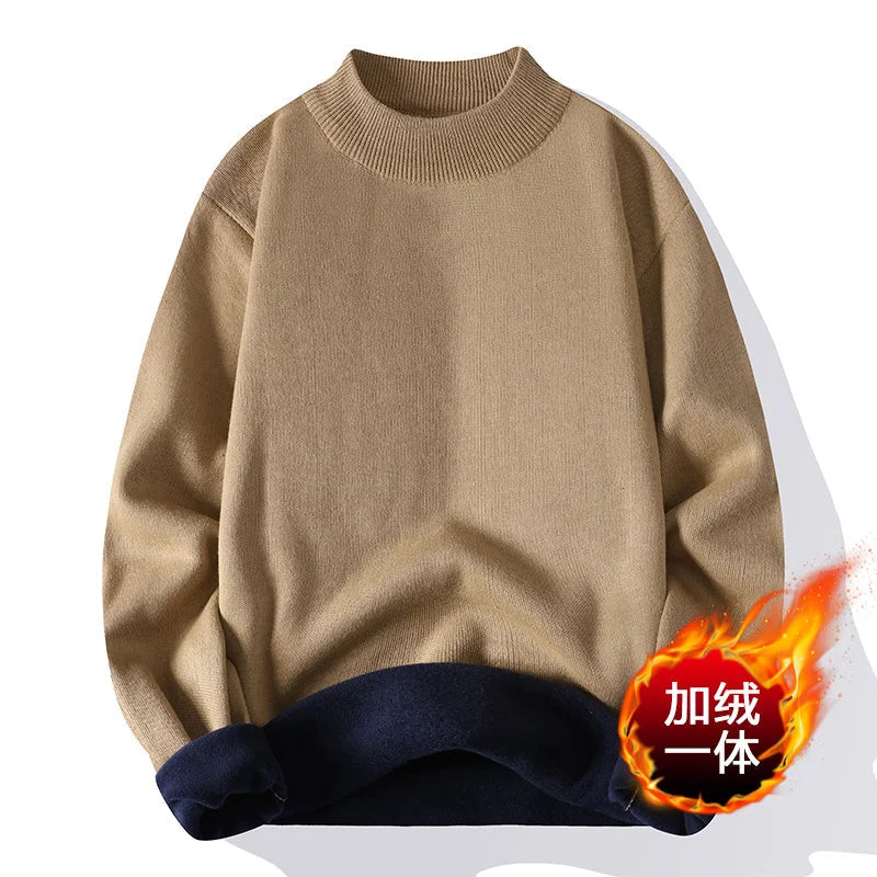 Men's Autumn Winter Knitted Mock Neck Sweater - Thick Fleece Lined Solid Color Casual Pullover | Warm & Stylish for Office, Dating & Outdoor Activities