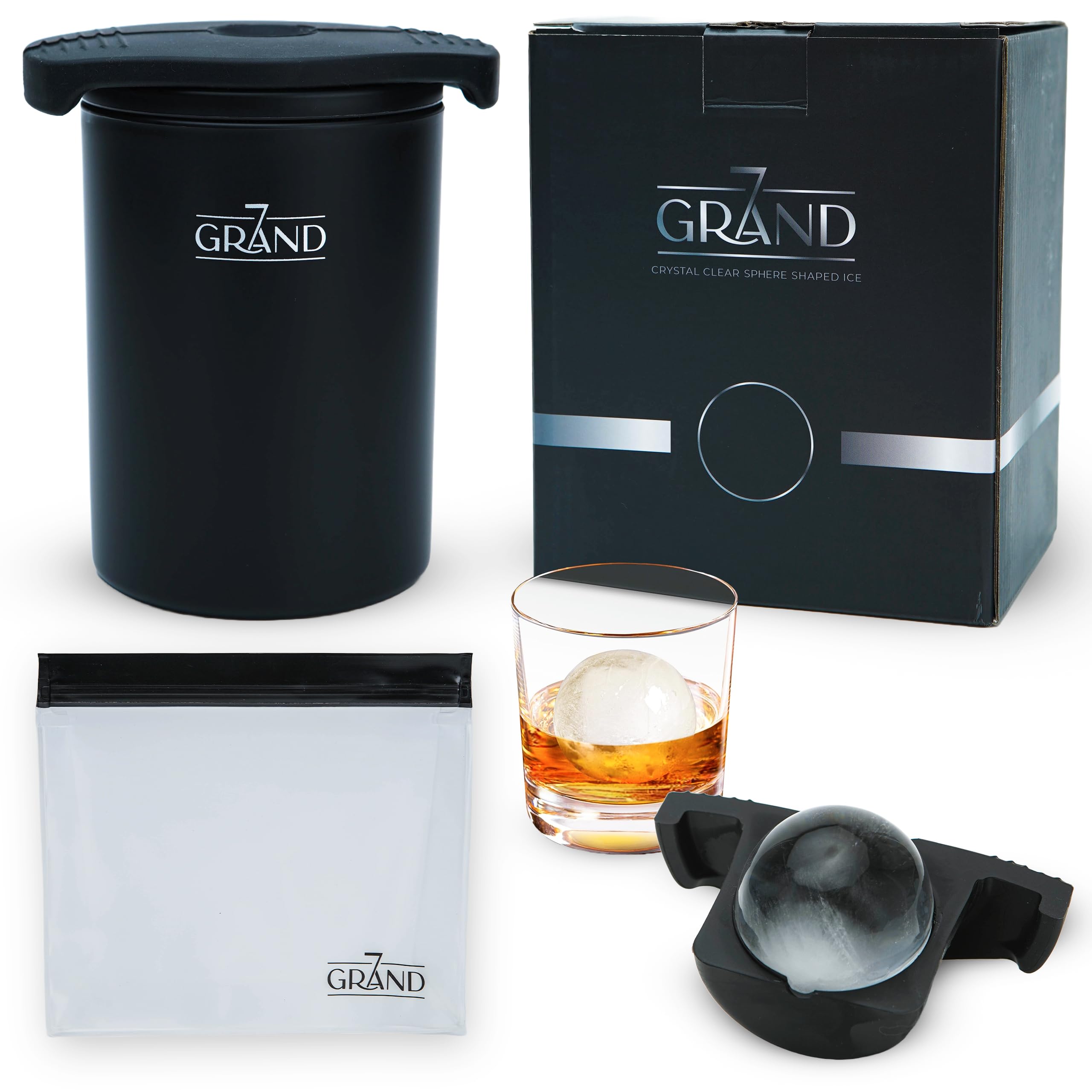 Premium Crystal Clear Ice Ball Maker - 1 Piece Sphere Ice Mold for Large Round Ice Balls - Silicone Cocktail Ice Cube Tray for Whiskey & Bourbon Drinks - Freezer Safe & BPA-Free Bar Accessory - Perfect for Home Bars, Parties & Gift Giving - 7Grand