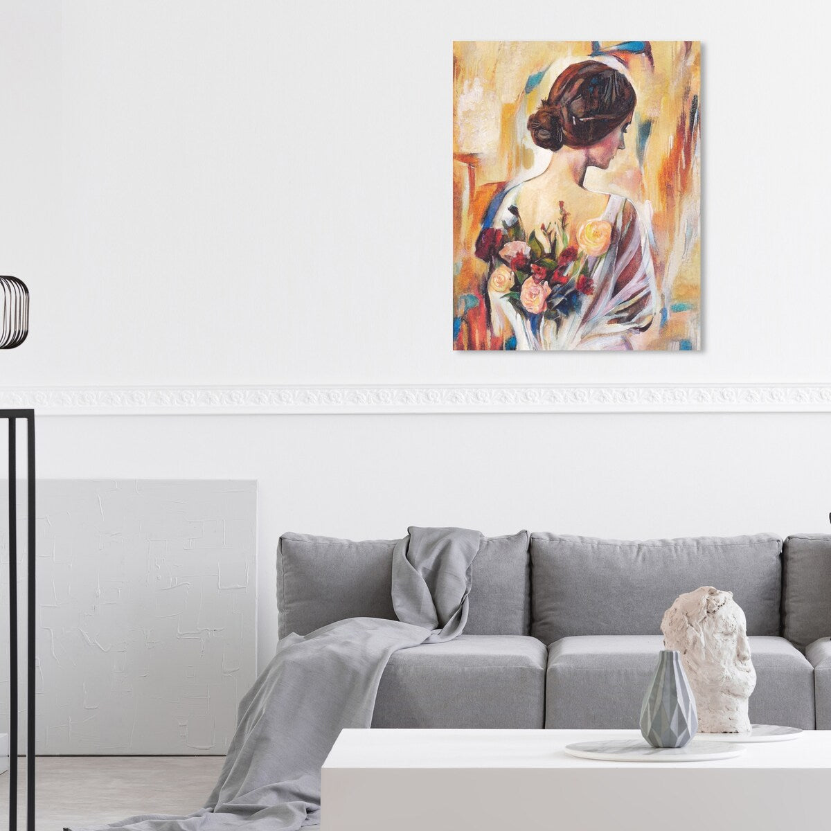 Modern White Canvas Wall Art Print with Back and Flowers - Elegant Female Beauty Floral Decor for Bedroom, Living Room & Office
