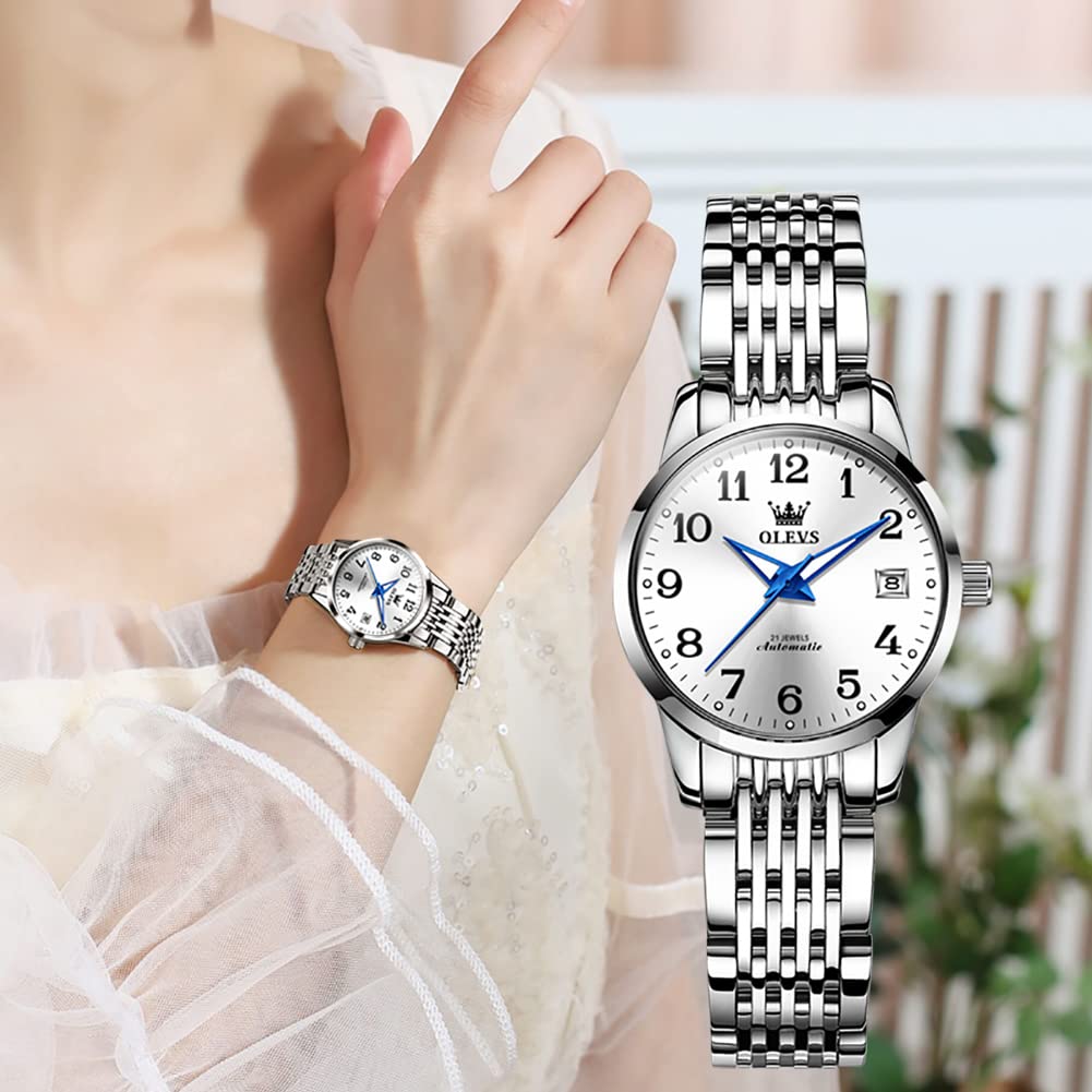 OLEVS Women's Luxury Watch - Silver & Two-Tone Stainless Steel Ladies Wristwatch with Date Window | Perfect for Office, Party & Everyday Wear