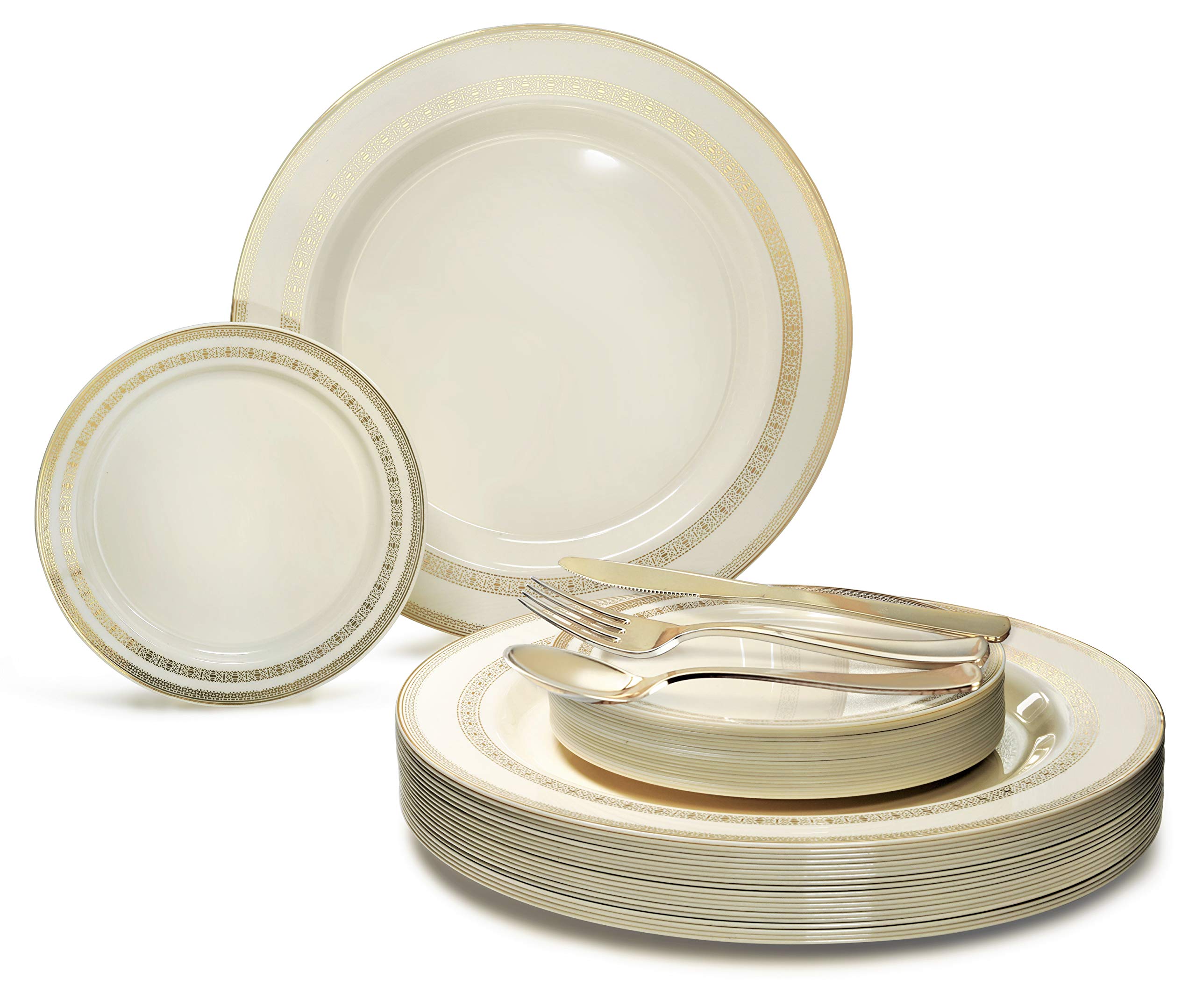 125-Piece Heavyweight Disposable Dinnerware Set - 10.5'' & 6.25'' Plastic Plates with Gold Silverware Cutlery (Lace Ivory & Gold) for Weddings, Parties & Special Occasions