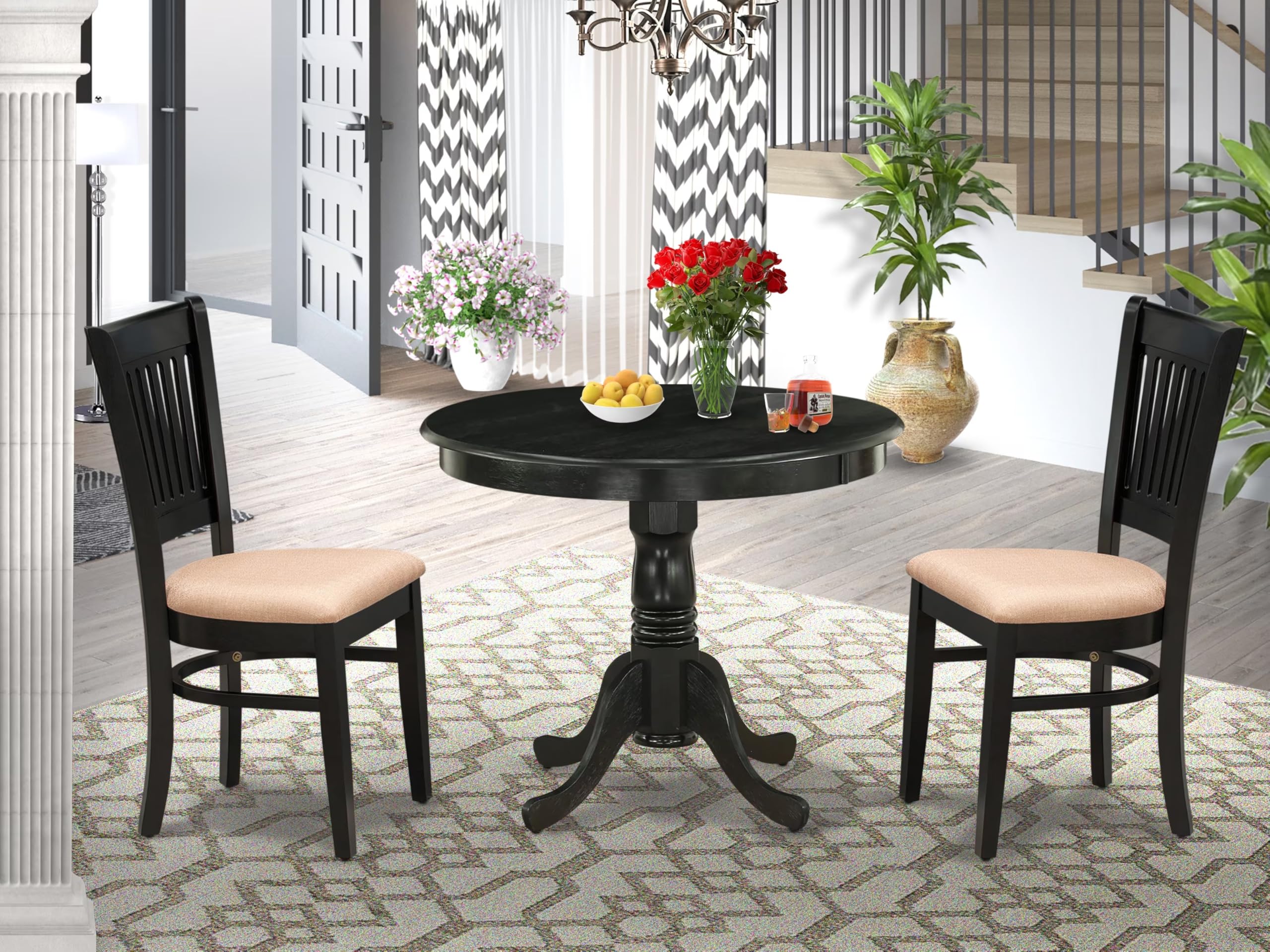 East West Furniture ANVA3-BLK-C 3-Piece Modern Dining Table Set - 36x36 Inch Round Kitchen Table with Pedestal Base & 2 Linen Fabric Dining Chairs, Black - Perfect for Small Spaces, Breakfast Nooks & Contemporary Dining Rooms