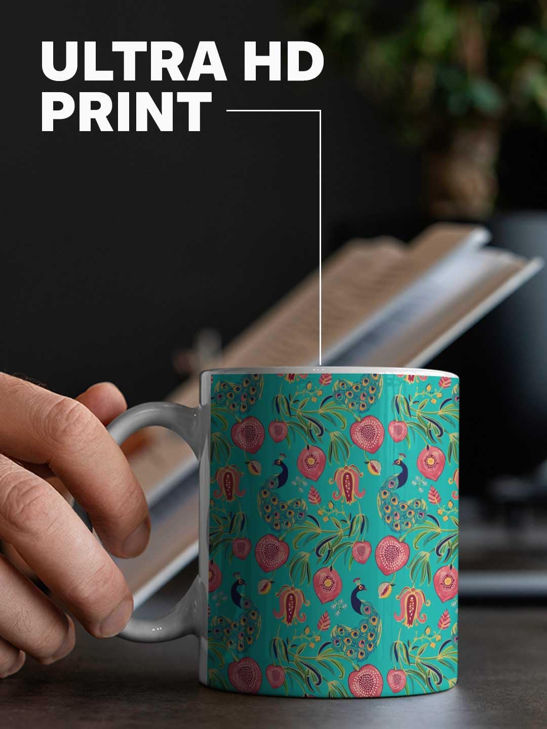 Macmerise Payal Singhal Anaar and Mor Teal Ceramic Coffee Mug - Premium 325ml HD Printed Tea Cup, Microwave & Dishwasher Safe, Durable Hygienic Ceramic - Perfect for Home, Office, Gifts & Boho Decor