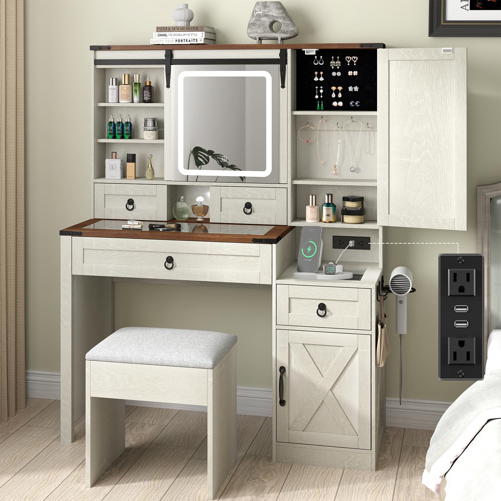 Farmhouse Makeup Vanity Desk with Sliding Mirror & LED Lights - 42
