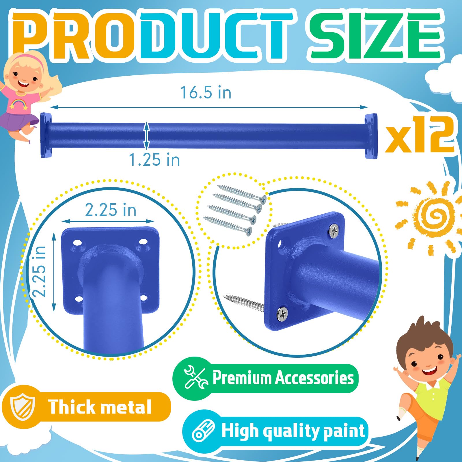 Dunzy 12 Pack Monkey Bars Swing Set Accessories - 16.5 Inch Blue Steel Monkey Bars with Screws & Mounting Plates for Backyard Playground Equipment - Perfect for Kids Outdoor Play, Jungle Gym & Swing Set Upgrades