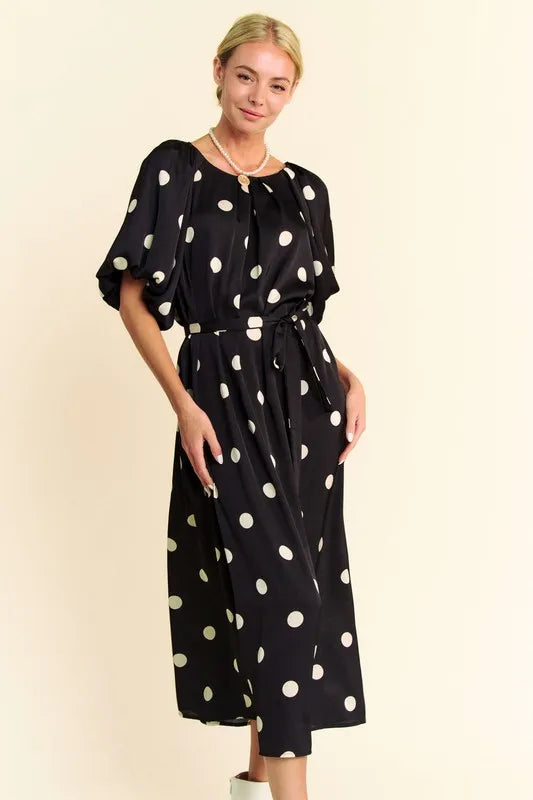 Stylish Polka Dot Puff Sleeve Midi Dress with Waist Tie - Perfect for Summer Parties, Weddings & Casual Outings