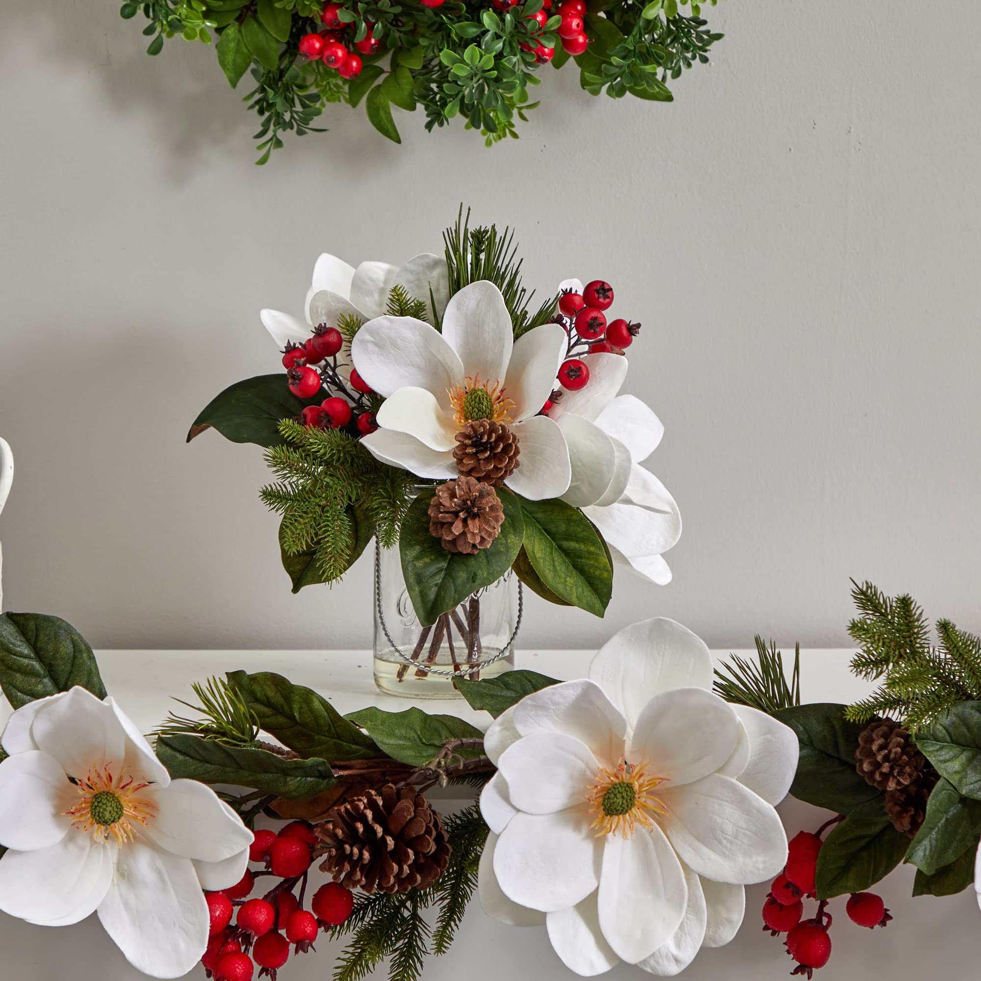 Nearly Natural Magnolia Pine Berry Holiday Arrangement in Glass Vase - Elegant Christmas Centerpiece for Home Decor, Office & Holiday Party Table Settings