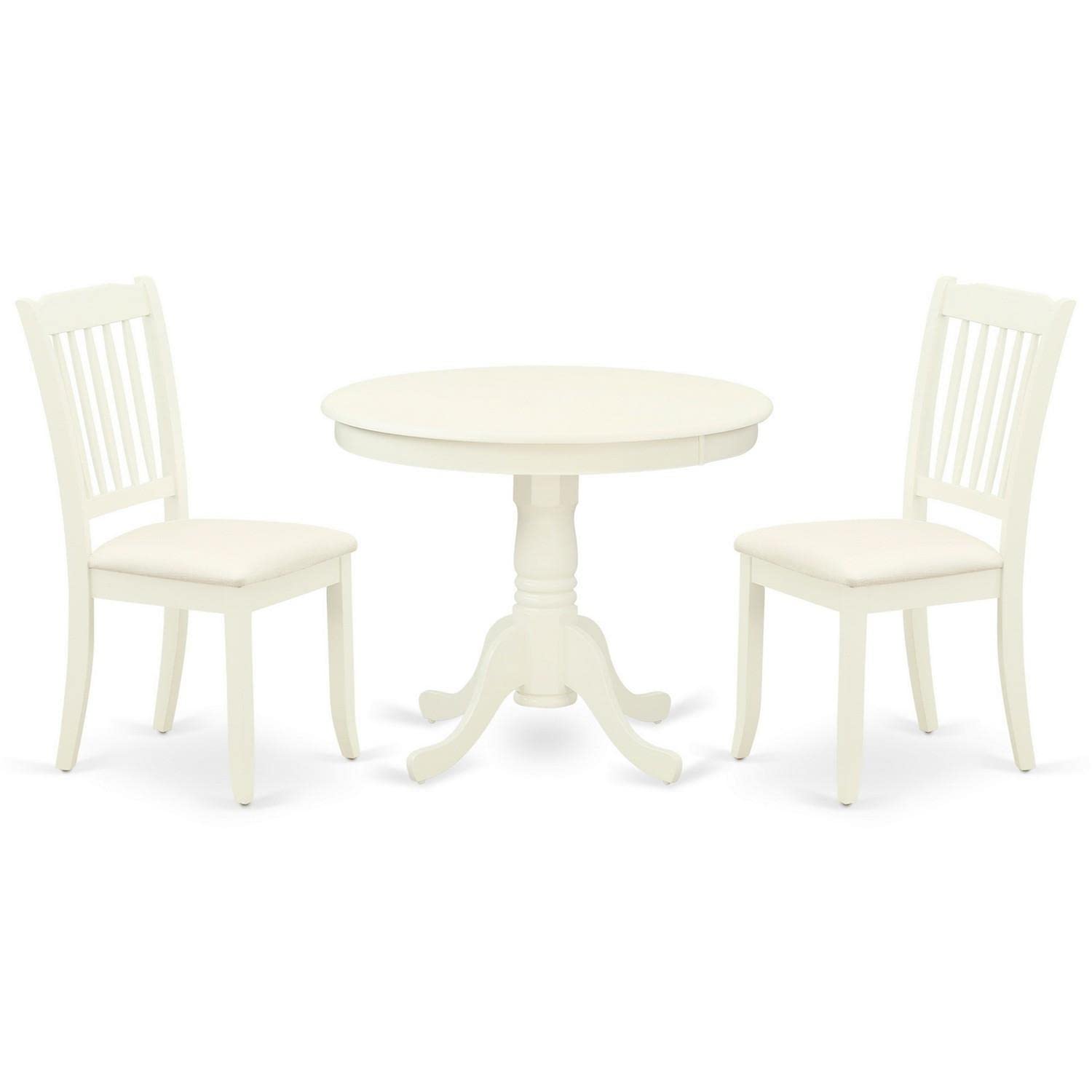 East West Furniture ANDA3-LWH-C 3-Piece Round Kitchen Table & Chairs Set with Pedestal Base & 2 Linen Upholstered Dining Chairs, 36x36 Inch, Linen White - Perfect for Small Dining Rooms, Breakfast Nooks & Cozy Apartments
