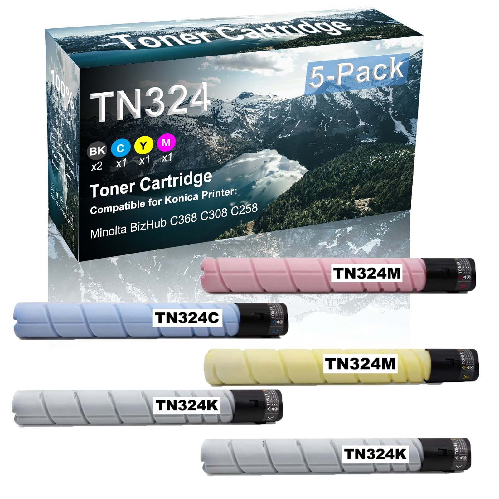 5-Pack High Yield TN324BK TN324C TN324Y TN324M Compatible Toner Cartridges for Konica Minolta BizHub C368 C308 C258 Printers - Office & Home Printing Solutions