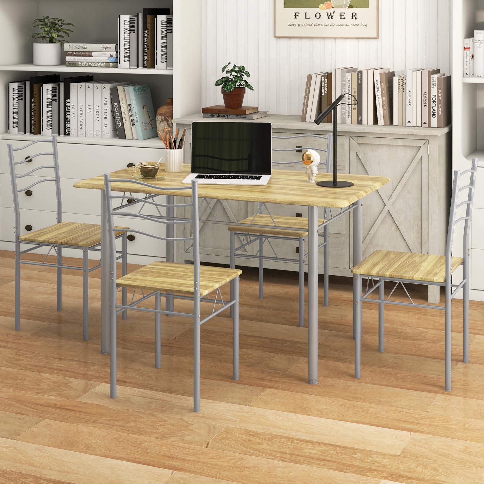 Giantex Modern 5-Piece Dining Table Set with 4 Chairs, Wood & Metal Kitchen Breakfast Furniture Set, Natural Finish - Perfect for Small Spaces, Apartments, and Cozy Family Meals
