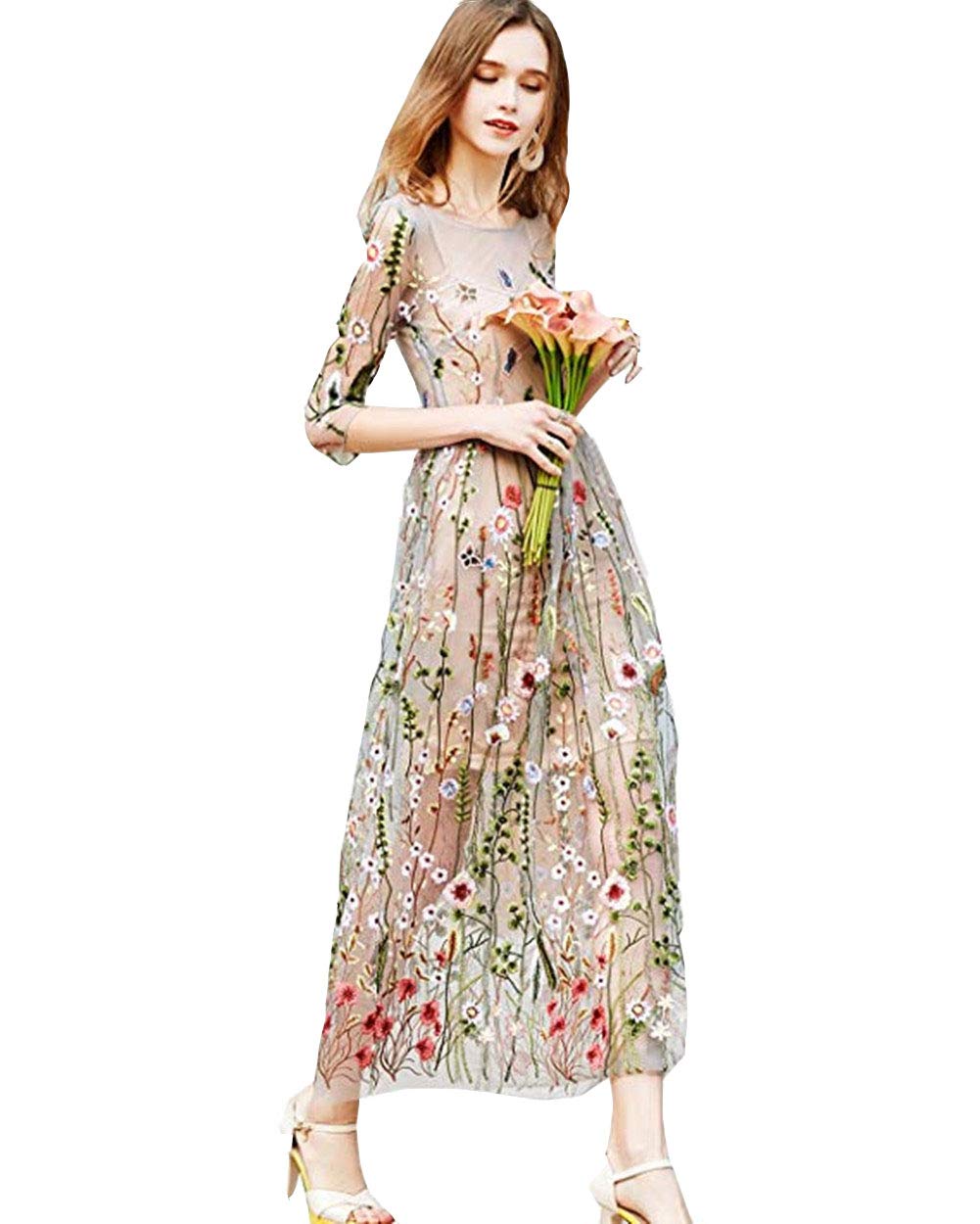Elegant Floral Embroidery Prom Party Dress for Women - Long 3D Flower Evening Gown for Formal Events, Weddings & Special Occasions