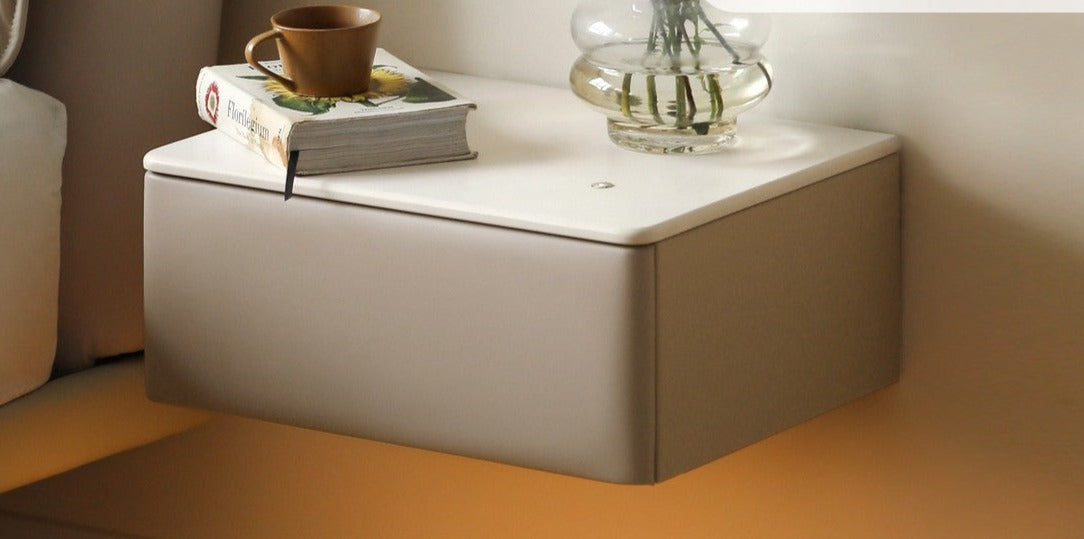 Organic Leather Floating Nightstand - Wall Mounted Cream Rock Board Shelf for Bedroom, Living Room & Office - Modern Minimalist Storage Solution