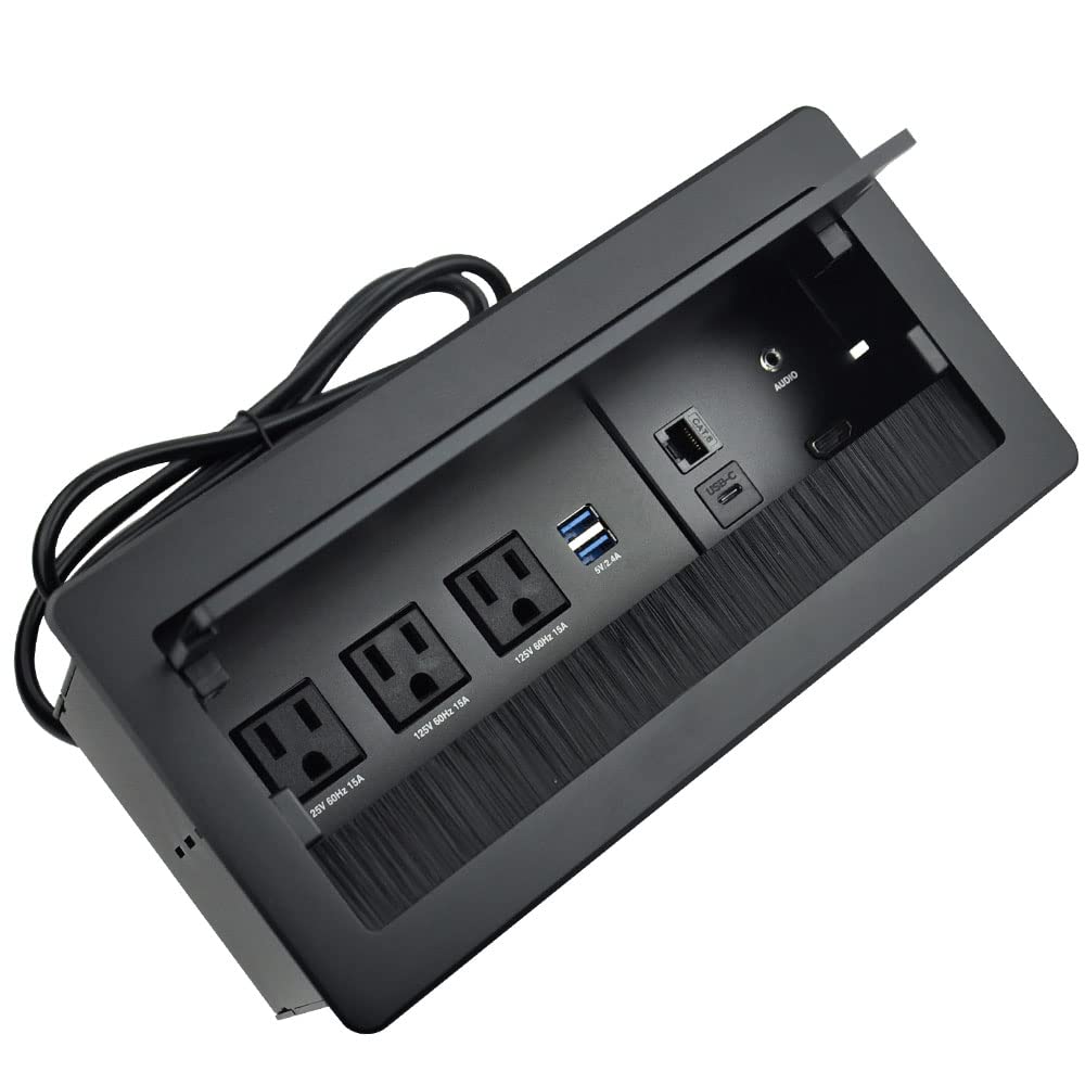 Premium 6-in-1 Multimedia Connectivity Hub - 3 AC Outlets, 2 USB-A & 1 USB-C Ports, HDMI, RJ45 (CAT6), Audio Jack - 5.58ft Power Cord - Ideal for Conference Rooms, Home Offices & Gaming Setups (Black)
