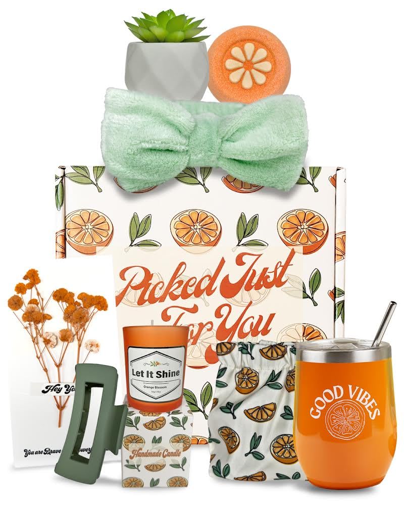 Orange Themed Gift Baskets for Women - Premium Self Care & Get Well Soon Gifts - Thoughtful Care Package Designed in USA - Perfect for Birthdays, Sympathy, and Encouragement Gifts