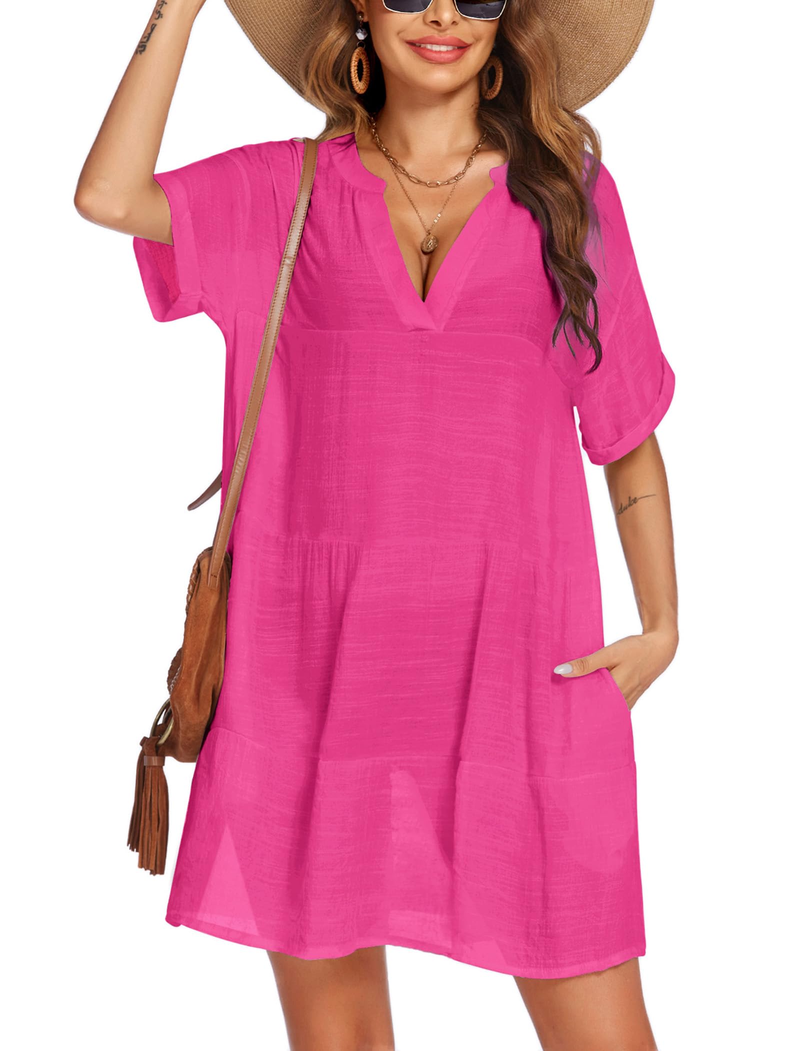 AI'MAGE Women's Swimsuit Cover Up Dress - Lightweight Bikini Beach Coverup with Pockets, A-Line Bathing Suit Dress for Pool, Vacation & Summer Outfits