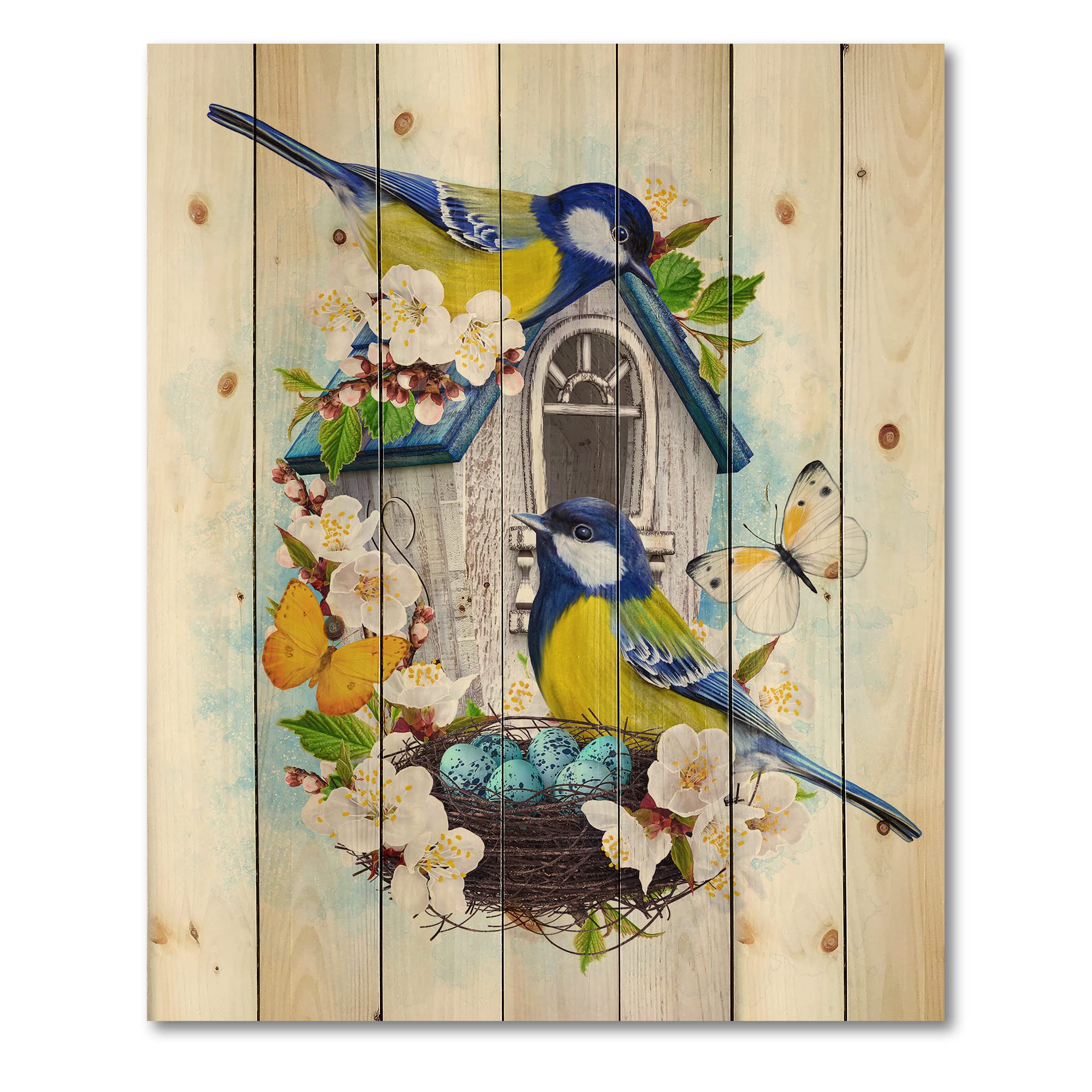 Two Tit Birds Nest Wall Art - Traditional Blue Wood Decor for Home