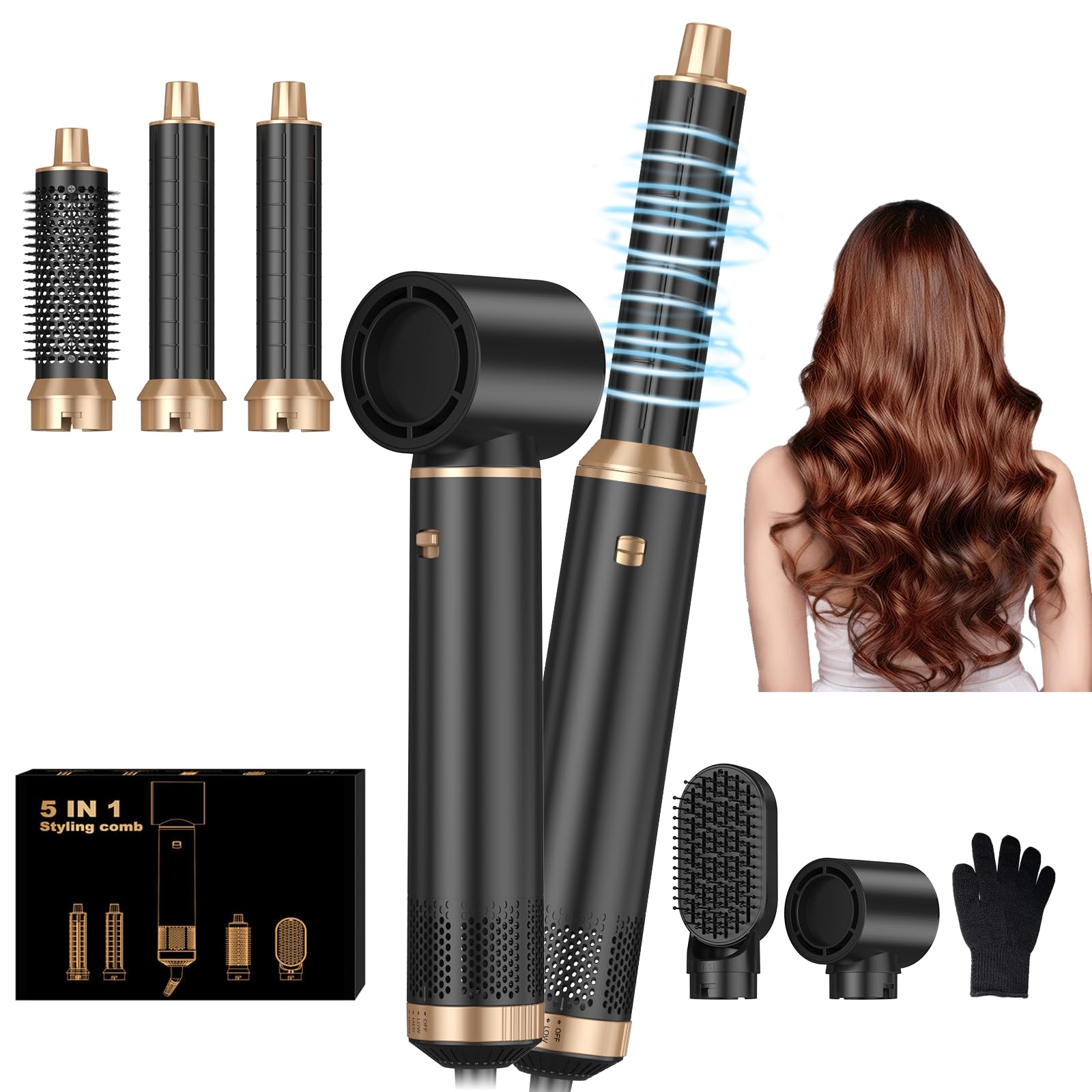 5 in 1 Blow Dryer Brush for Hair Styling - Upgraded Hot Air Brush with Negative Ion Technology, Detachable Air Curler & Straightener - Perfect for Drying, Curling, and Styling at Home or Salon