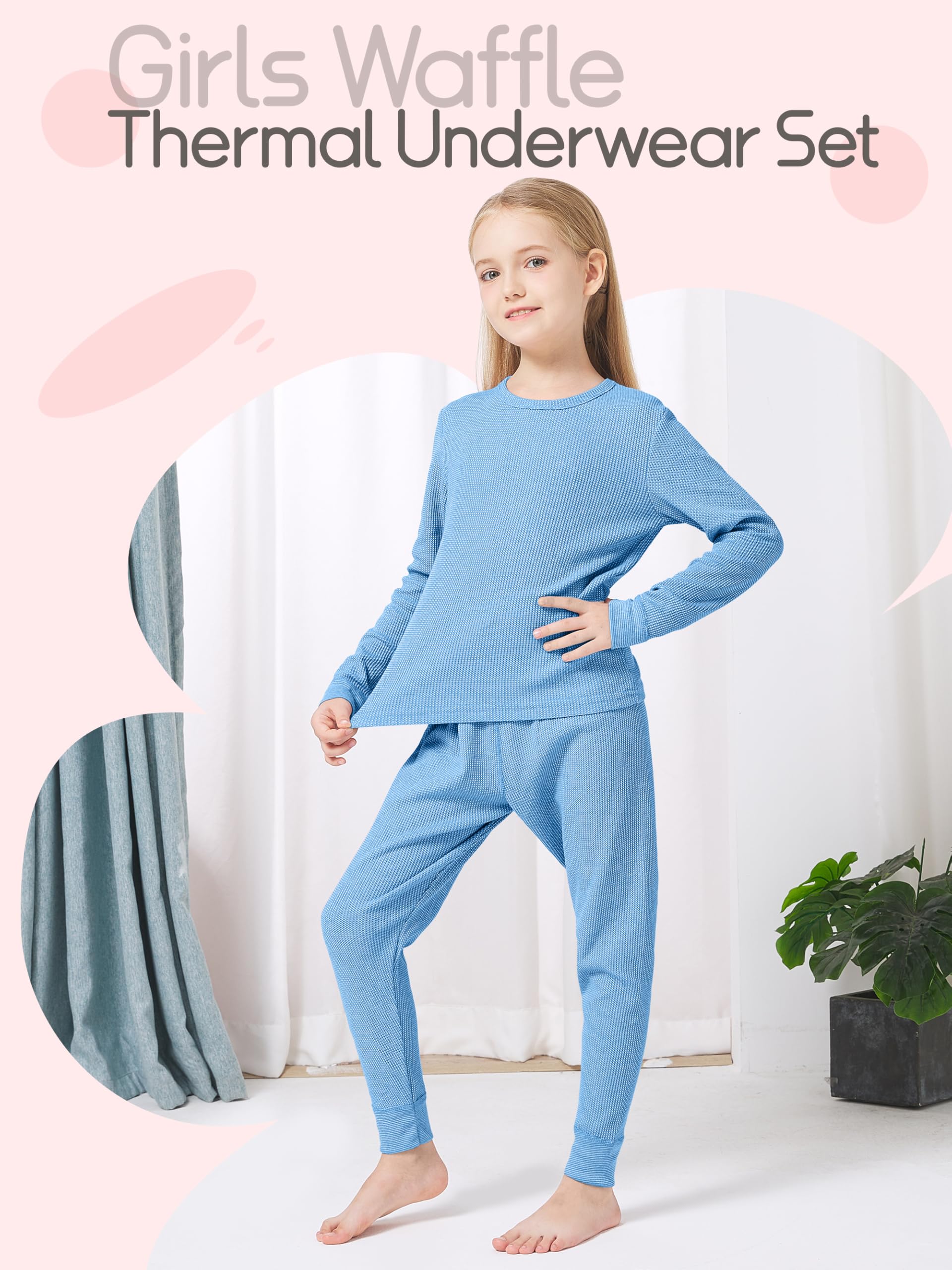 VZV Girls Kids Thermal Underwear Set - Cotton Waffle Long Johns Base Layer for Cold Weather - Warm Winter Pajamas & Layering Outfits for Girls