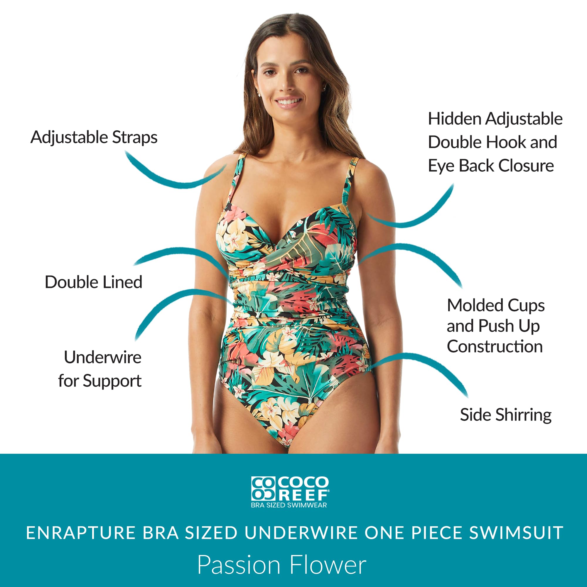 COCO REEF Enrapture Push Up Underwire One Piece Swimsuit - Bra Sized Swimwear with Molded Cups for Women | Perfect for Beach Vacations, Pool Parties & Tropical Getaways
